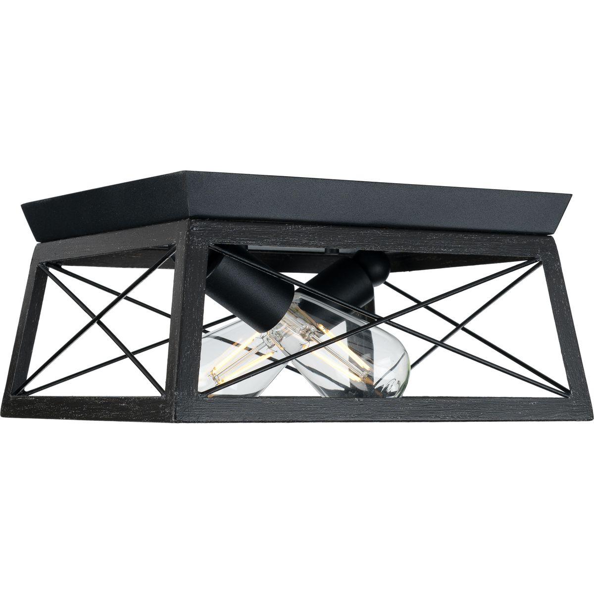 Progress Lighting, Briarwood, 2-Light Flush Mount, Textured Black, Faux-Painted Wood Enclosure