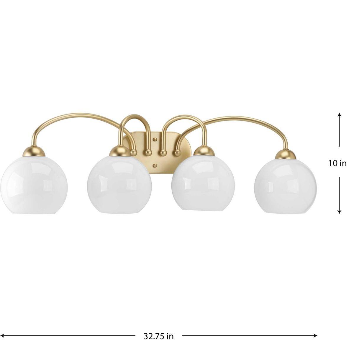Progress Lighting Carisa 4-Light Bath Wall Light, Vintage Gold, White Glass Globes