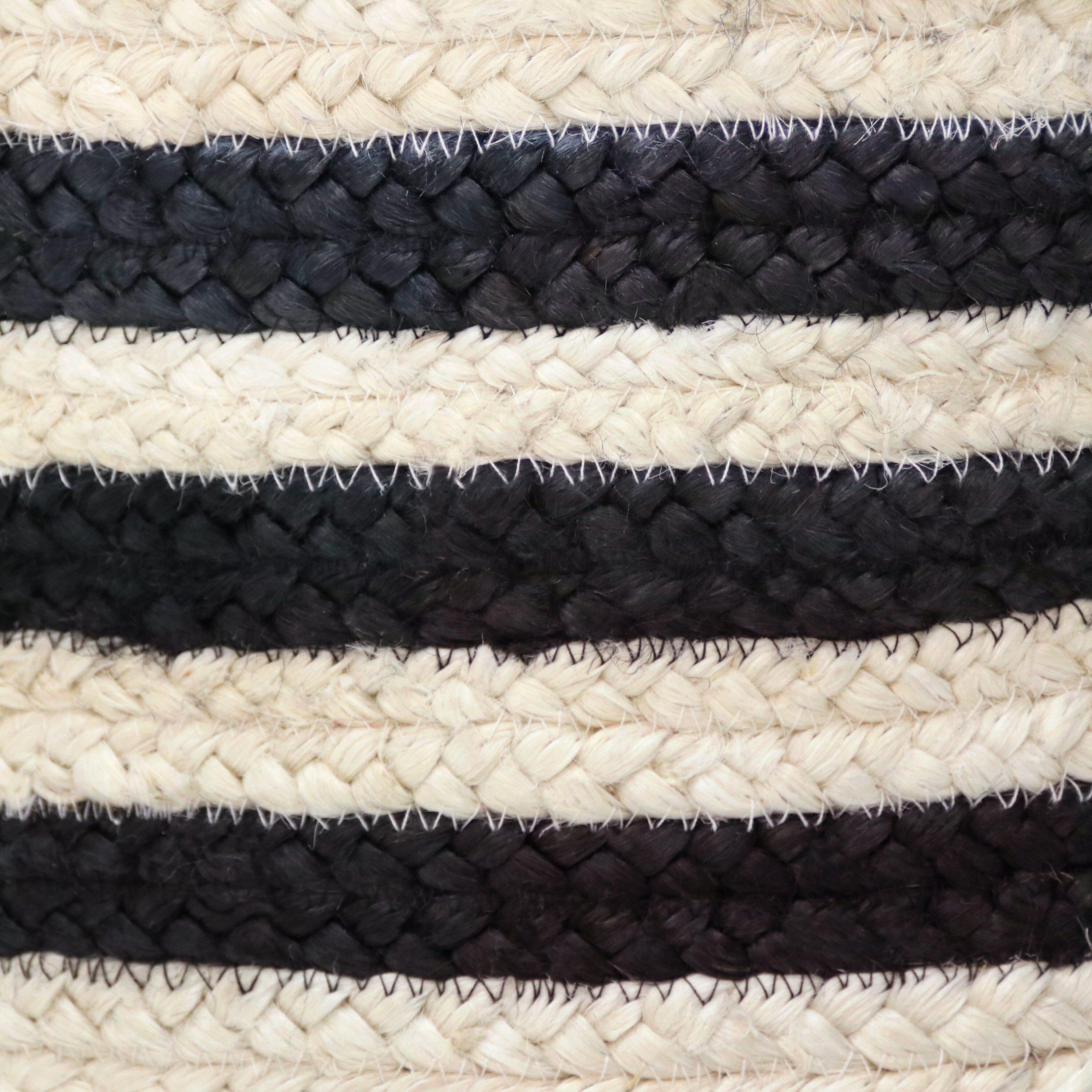 LR Home Woven Round Jute 17" Storage Basket with Handles, Black/White Multi Stripe