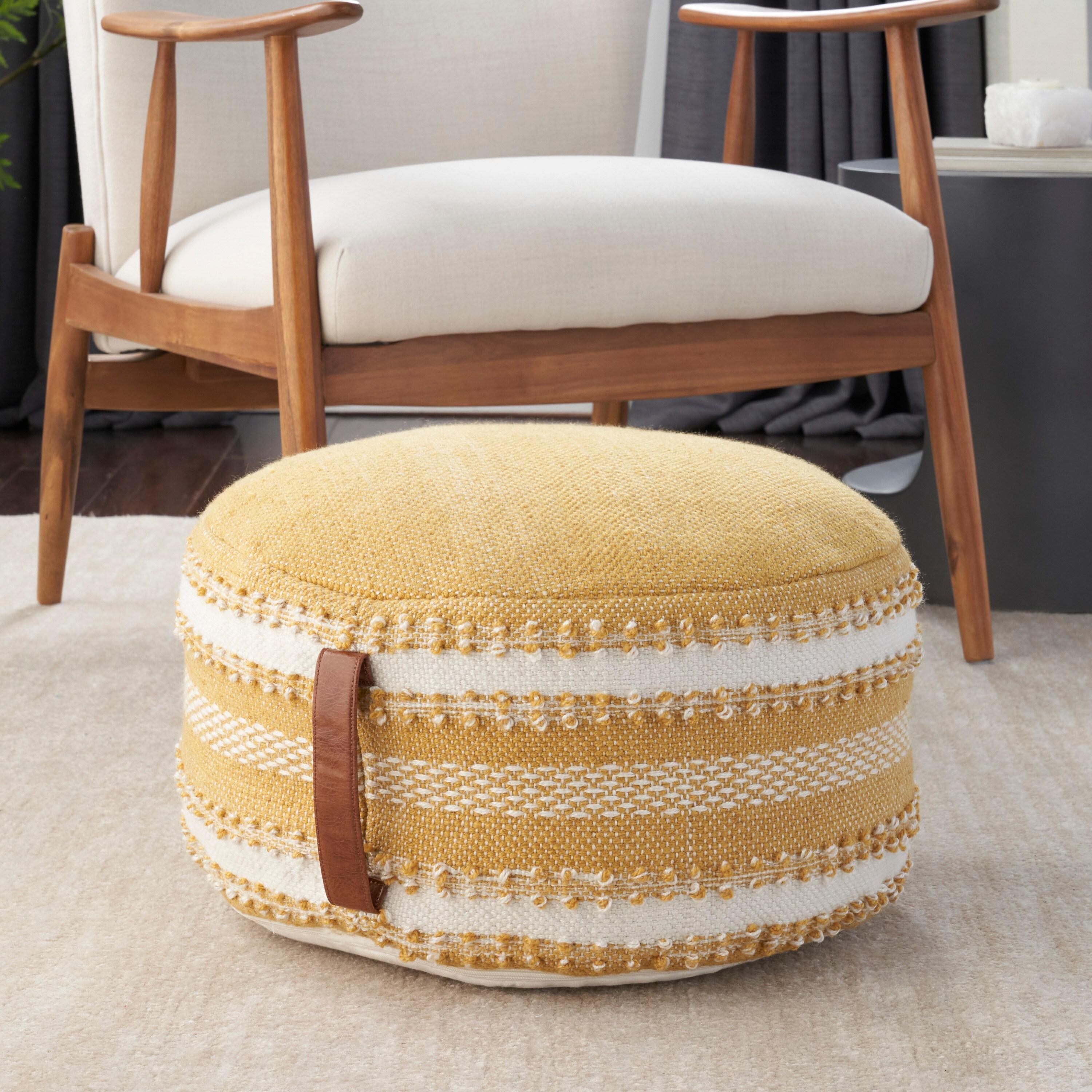 Mina Victory  Woven Stripes & Dots 20" x 20" x 12" Yellow Outdoor Poufs