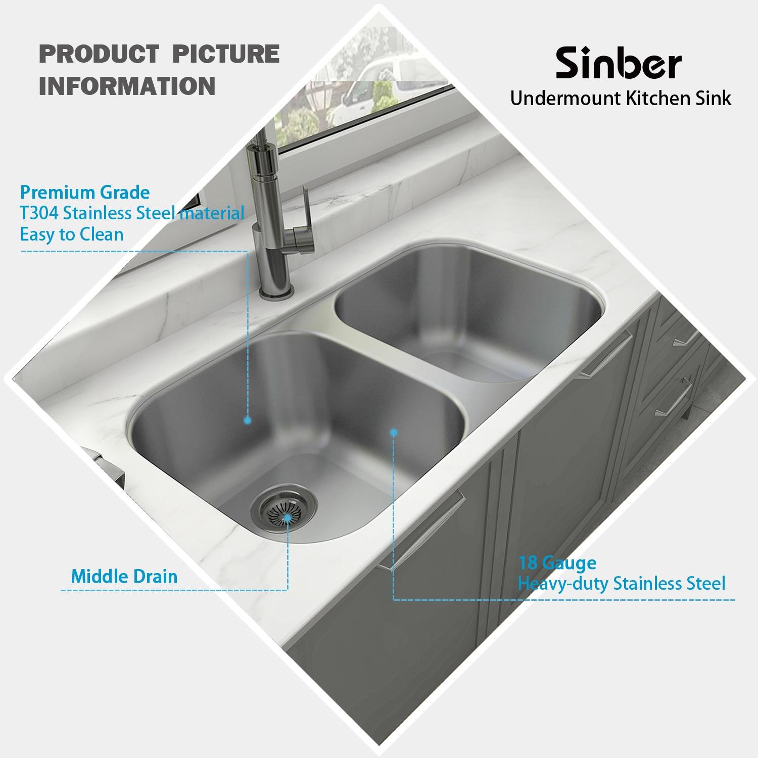 Sinber 32" Undermount Double Bowl 304 Stainless Steel Kitchen Sink