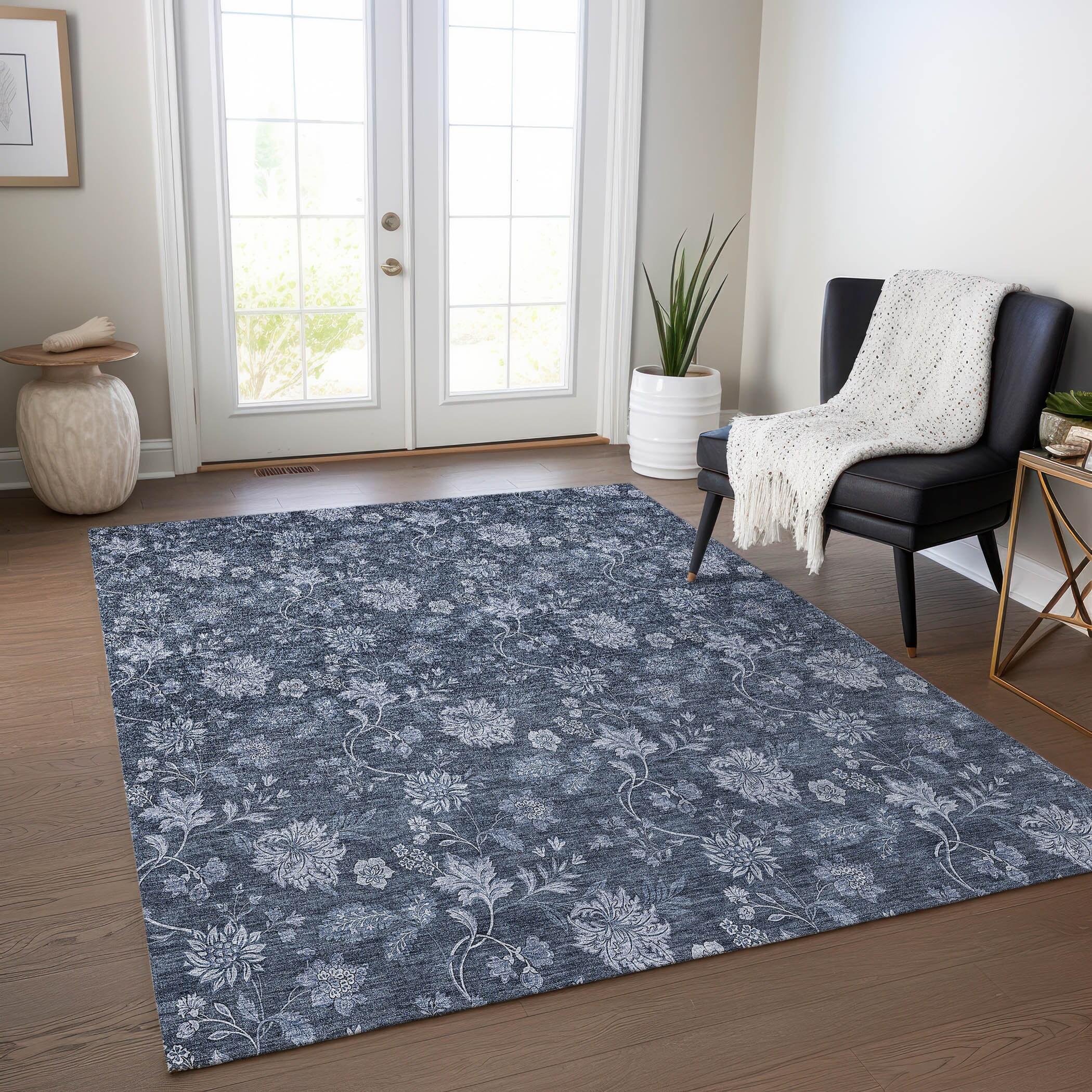 Blue Floral Synthetic Rectangular 8' x 10' Washable Rug