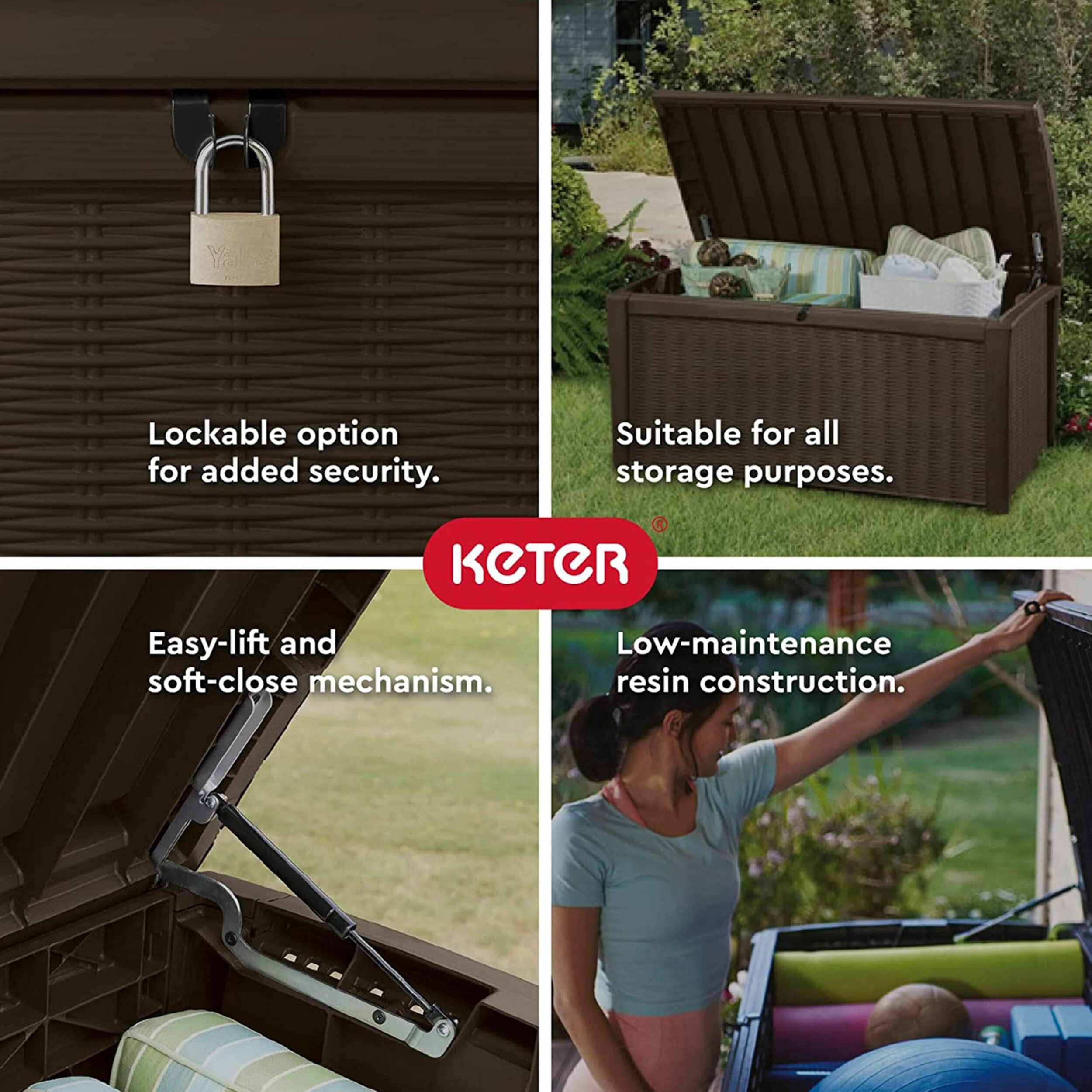 Keter Borneo 110 Gallon Rattan Wicker Resin Patio Deck Storage Box Bench