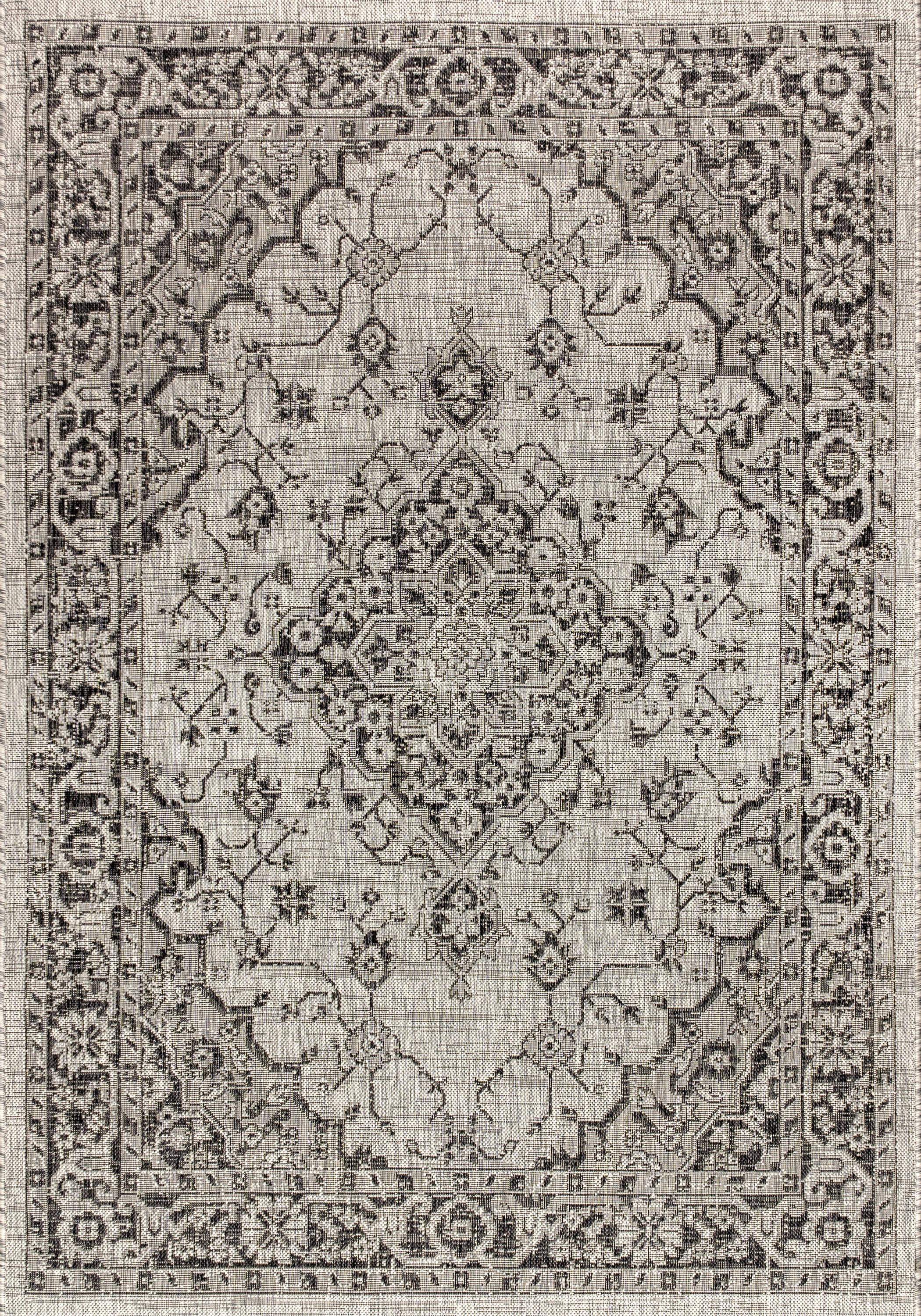 4'x6' Rozetta Boho Medallion Textured Weave Indoor/Outdoor Area Rug, Gray/Black - JONATHAN Y