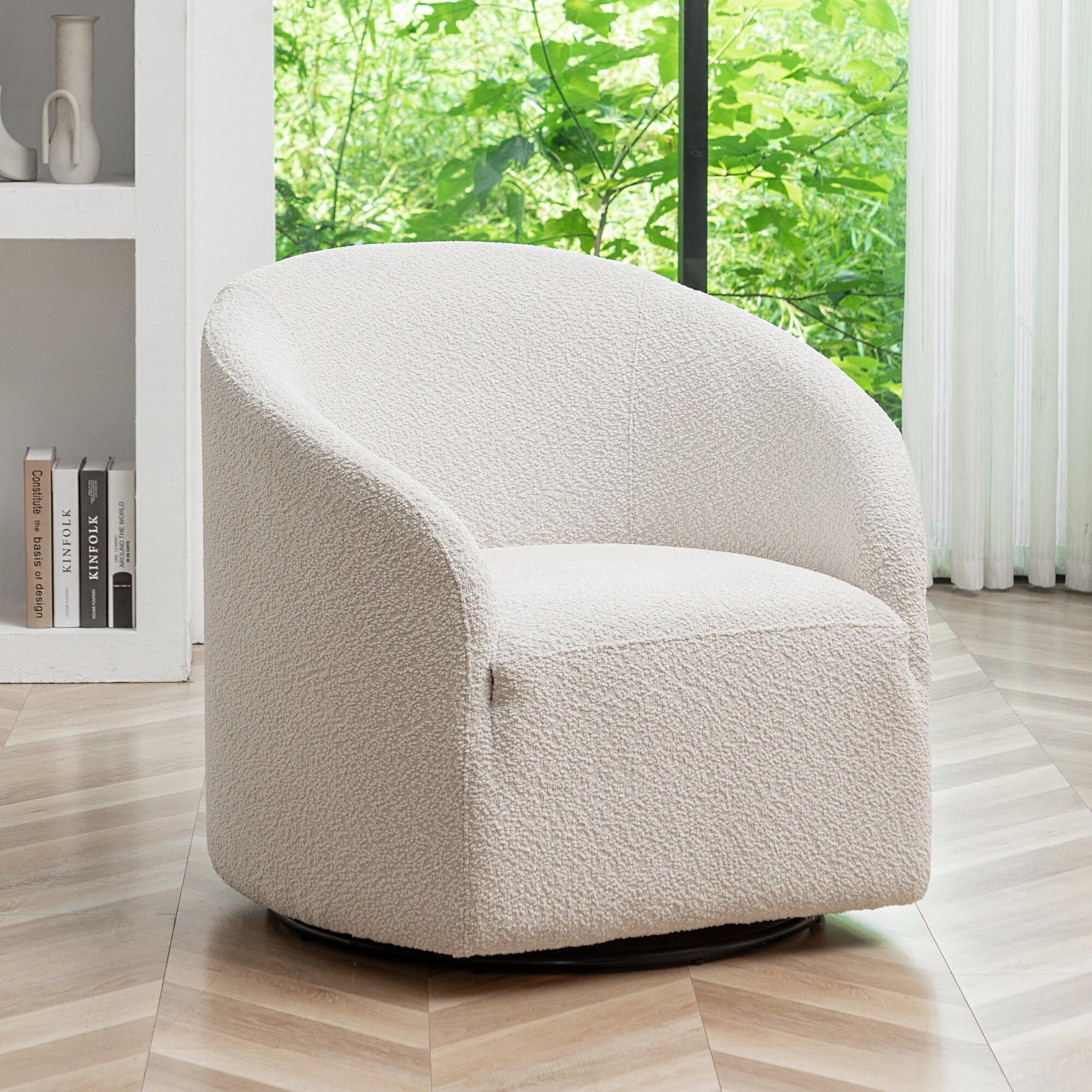 Kinwell 32" Wide Boucle Upholstered Swivel Barrel Chair White : Mid-Century Modern, No Assembly Required