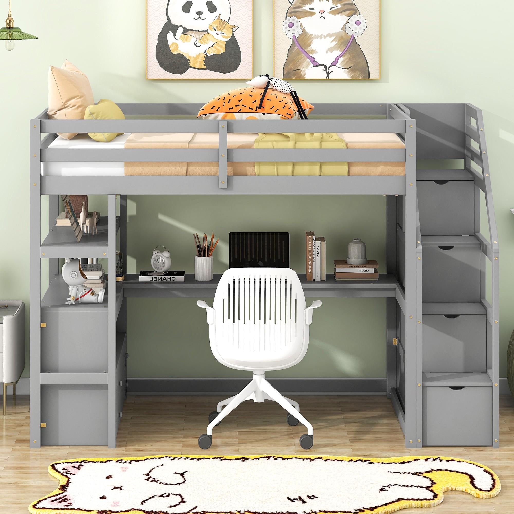 Stairway Twin Size Loft Bed with L Shape Desk, Shelves, Two Tier Drawers and Storage Staircase, Gray