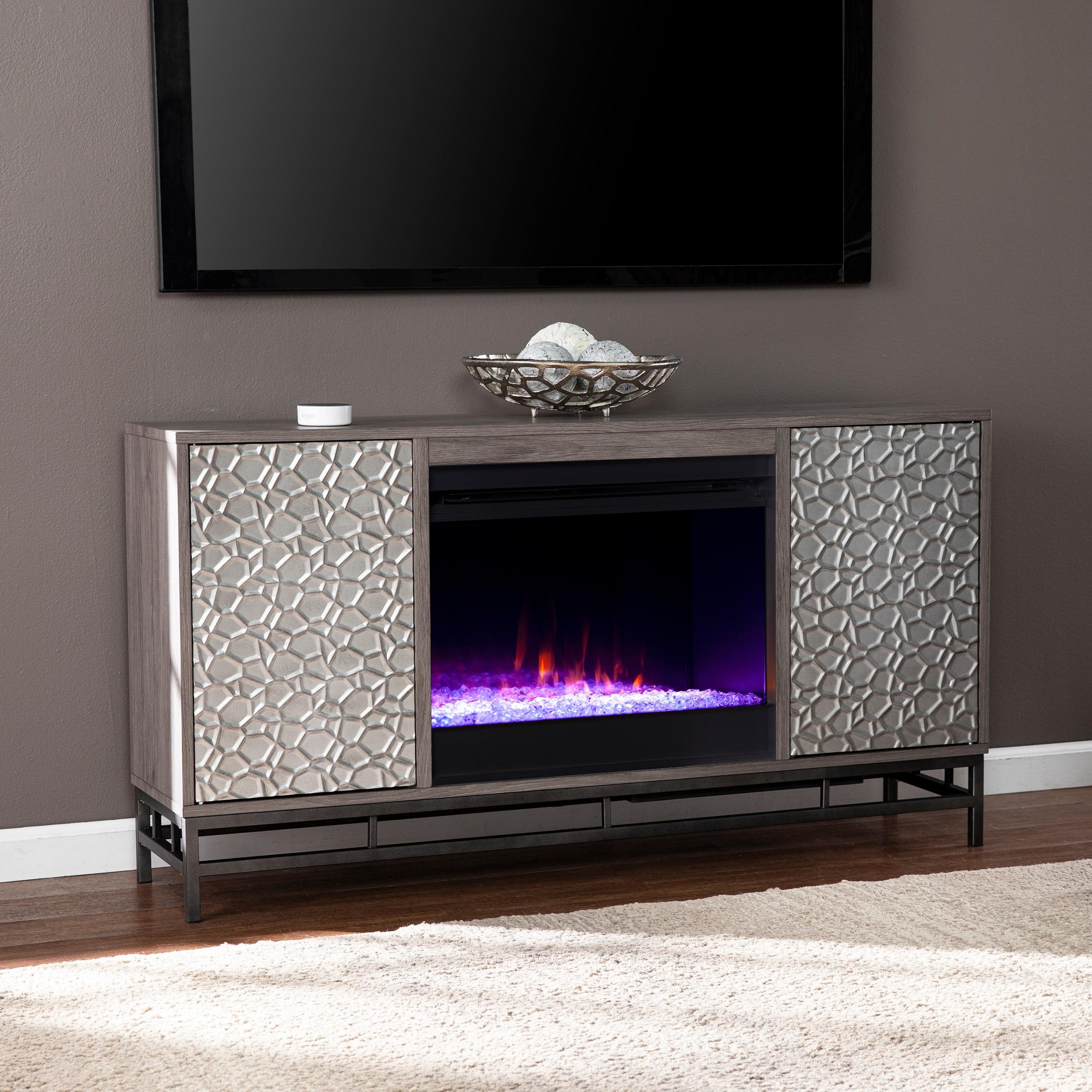 Hollesborne Color Changing Fireplace with Media Storage in Gray/Gunmetal Gray