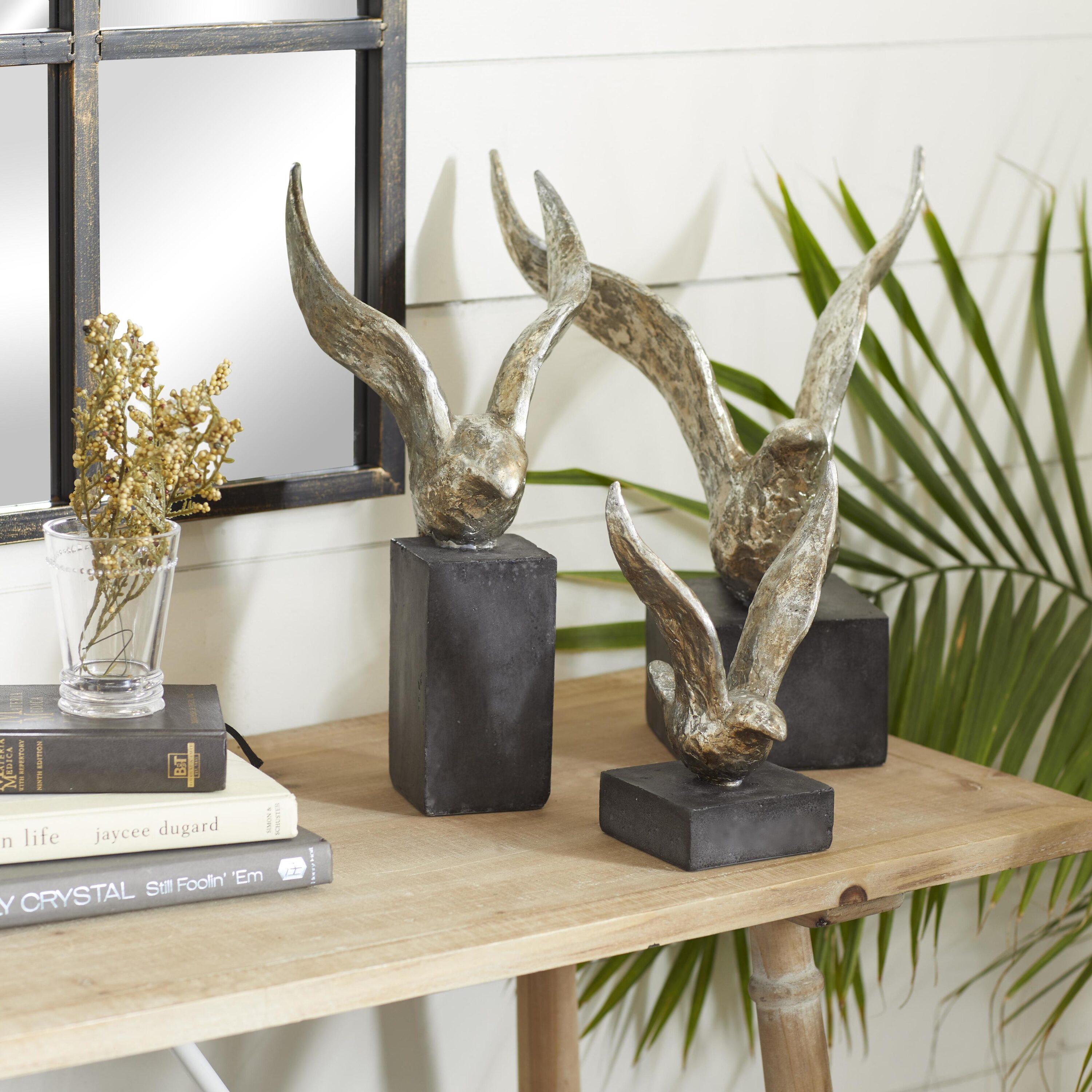 14", 9", 14"H Silver Polystone Bird Sculpture, by DecMode (3 Count)