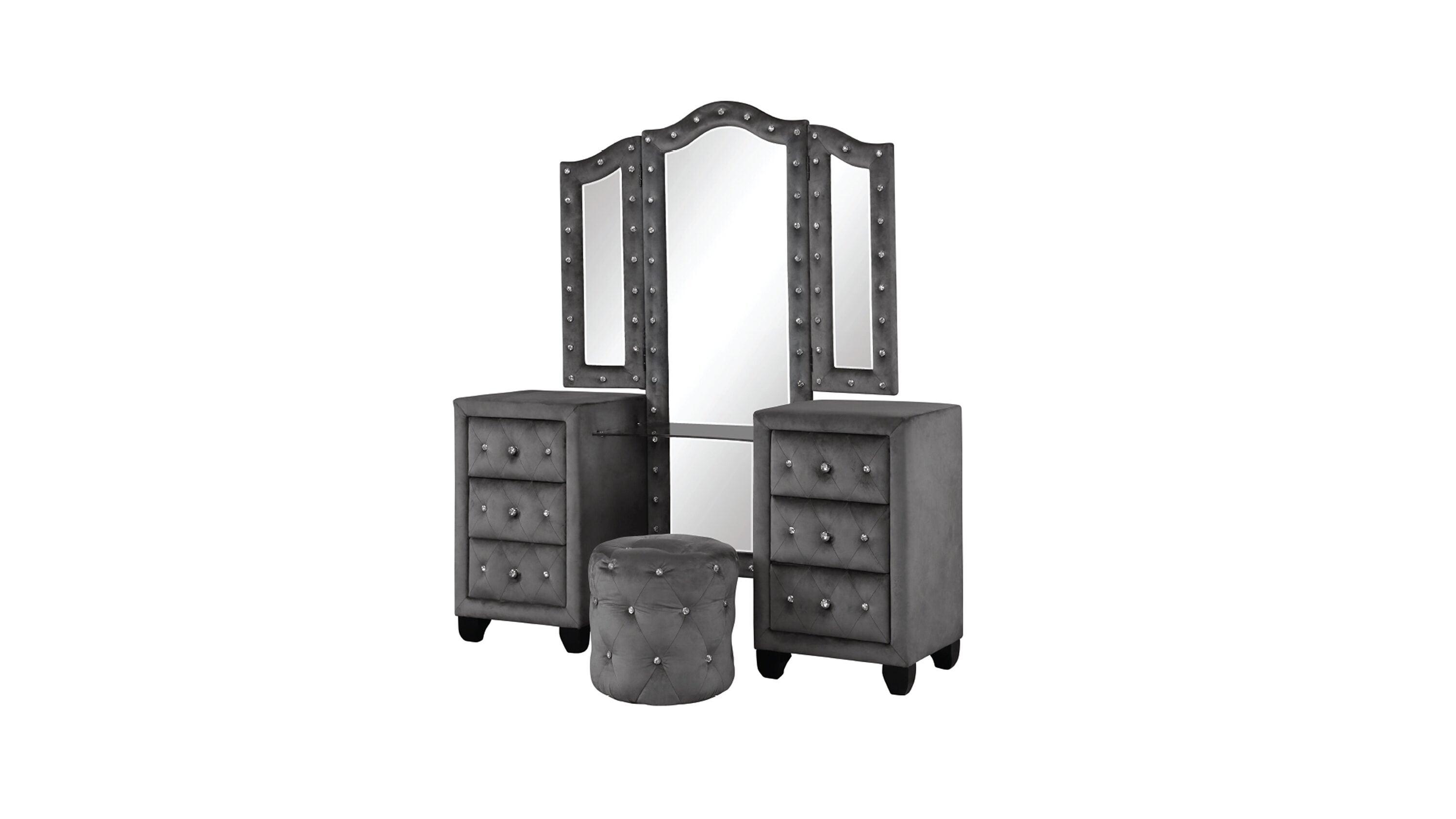 Sophia Full 5 Pc Vanity Upholstery Bedroom Set Made With Wood in Gray
