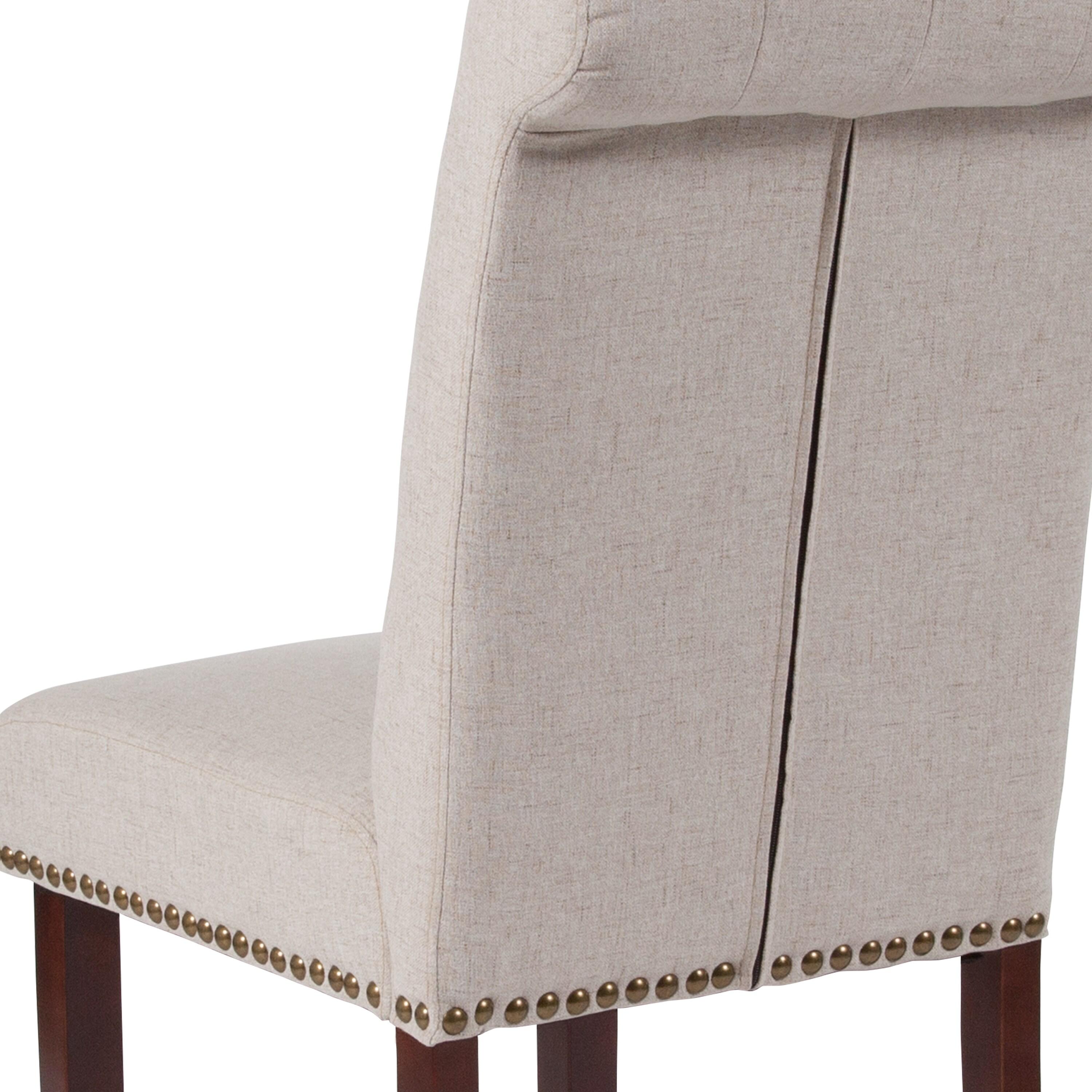 Flash Furniture HERCULES Series Beige Fabric Parsons Chair with Rolled Back, Accent Nail Trim and Walnut Finish