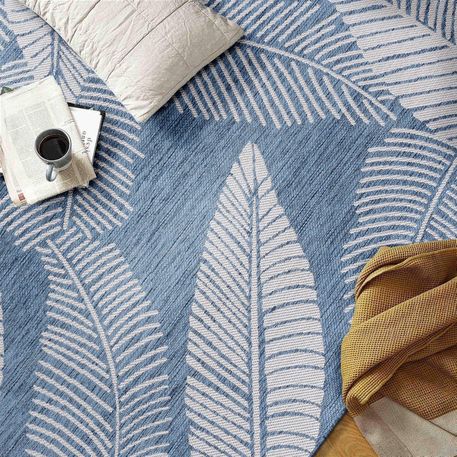 World Rug Gallery Distressed Palm Leaves Textured Flat Weave Indoor/Outdoor Area Rug - BLUE 7'10"X10'