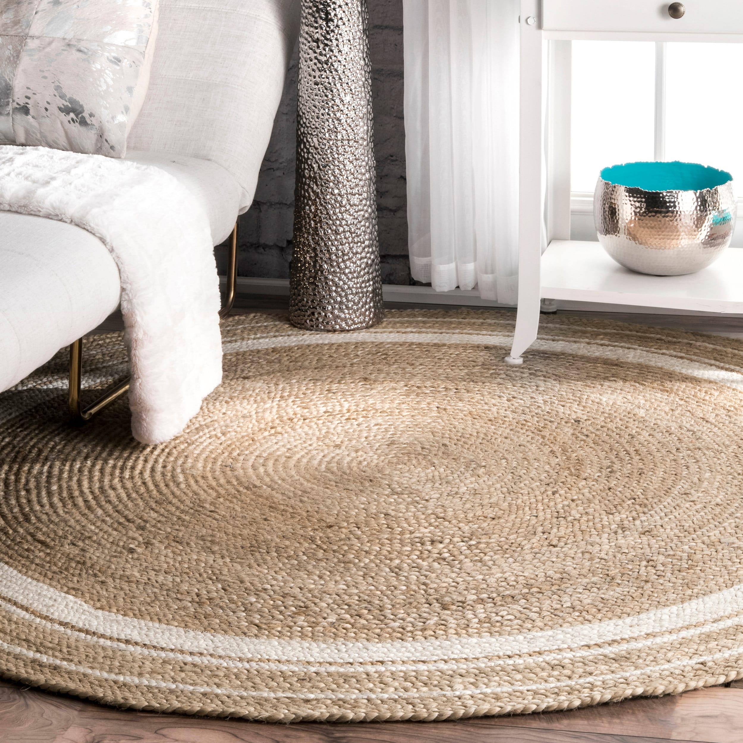 Nuloom Rikki Bordered 8 Round Jute Indoor Area Rug for Dining Room Rug Neutral Rug Living Room Rug Kitchen, Off White/Natural