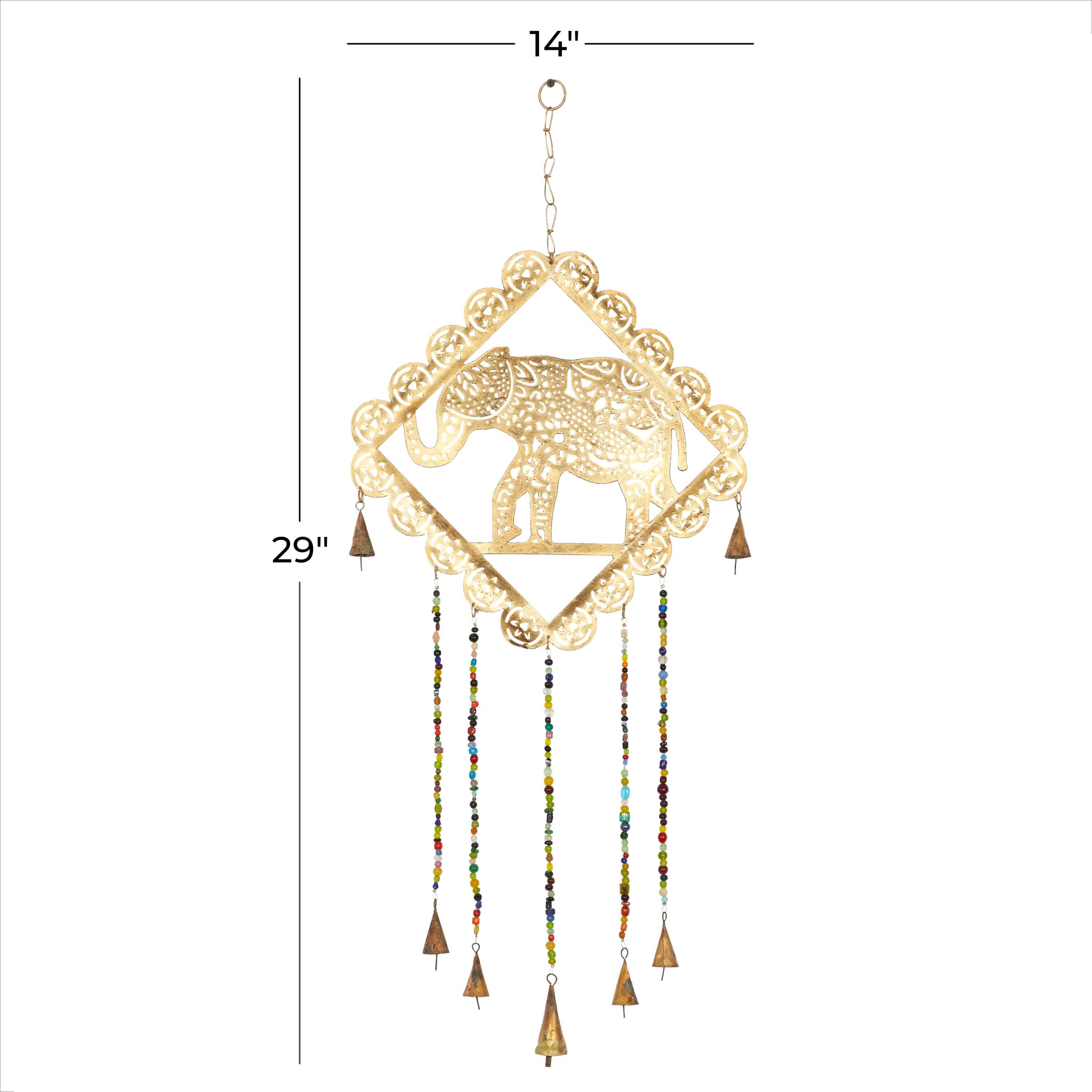 DecMode 29" Gold Metal Elephant Windchime with Glass Beads and Cone Bells