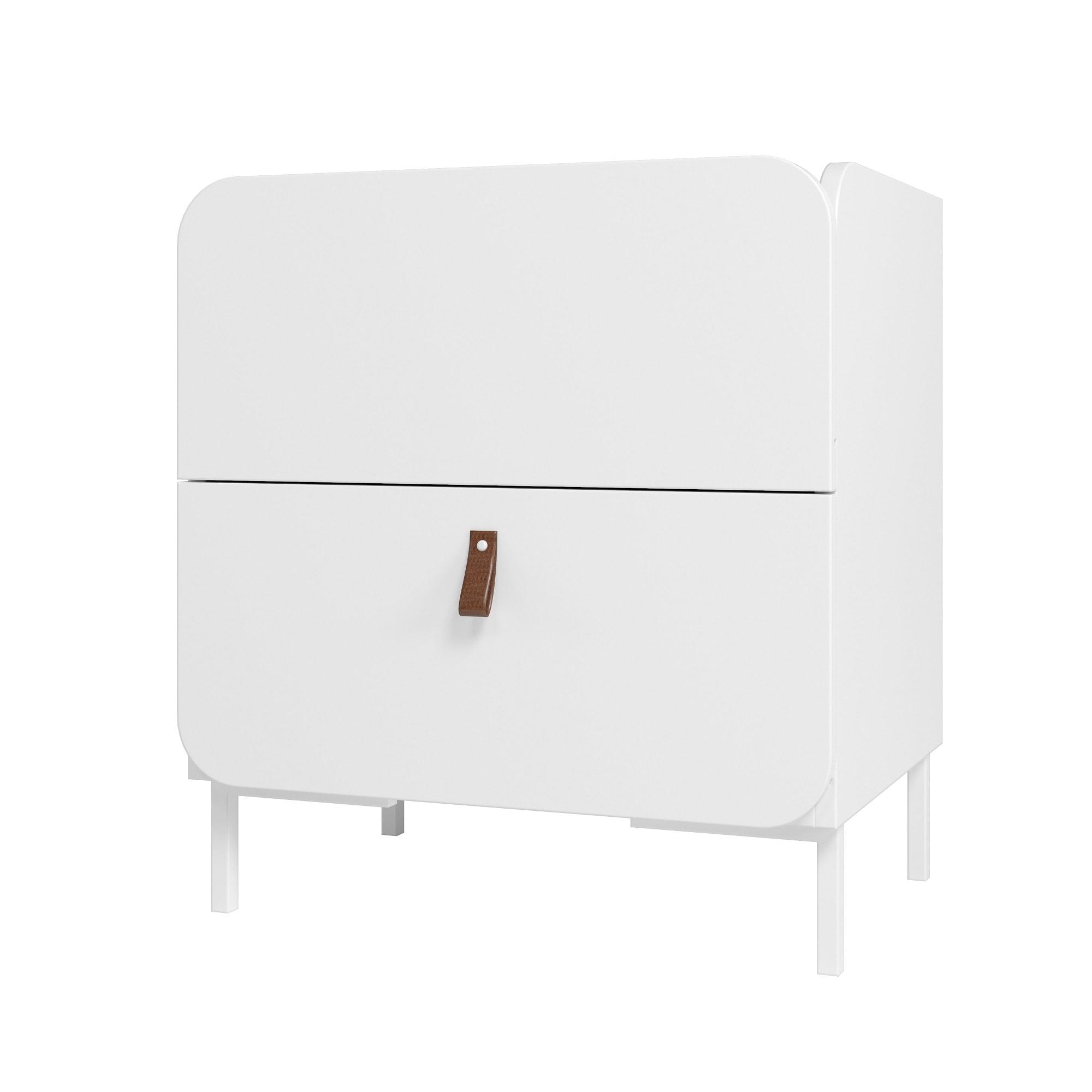 Manhattan Comfort Set of 2 Bogardus Mid Century Modern Nightstands White: Rounded Drawer, Leather Pull, Particle Board