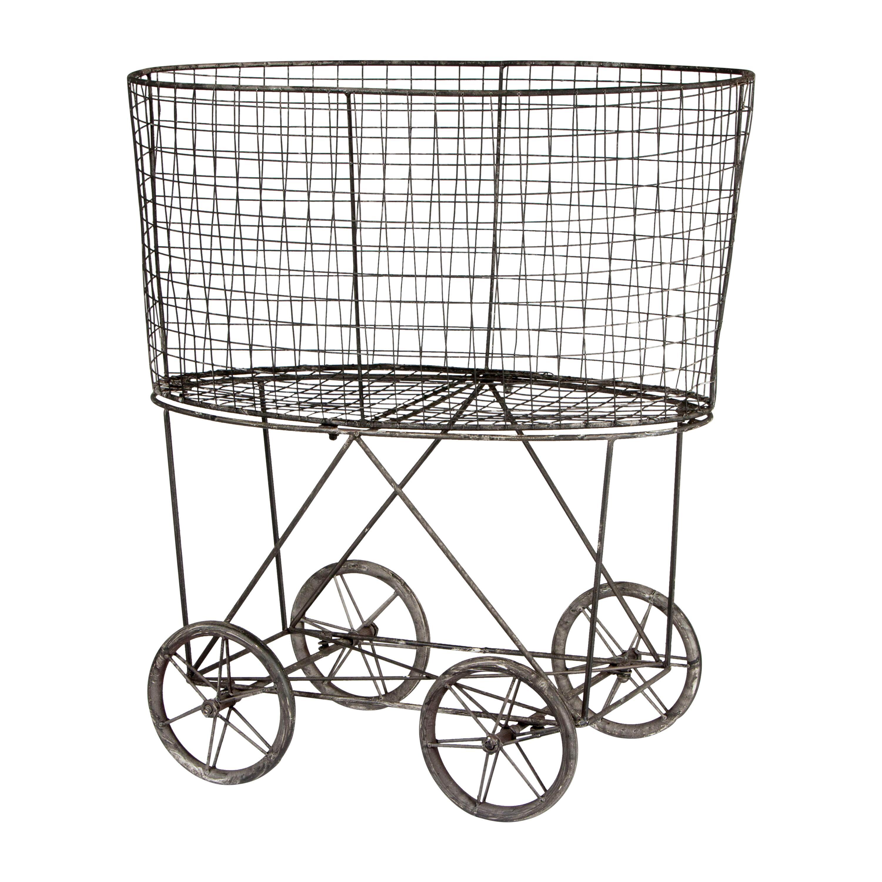 Metal Vintage Laundry Basket with Wheels - Storied Home: Garment Storage, Multipurpose Basket