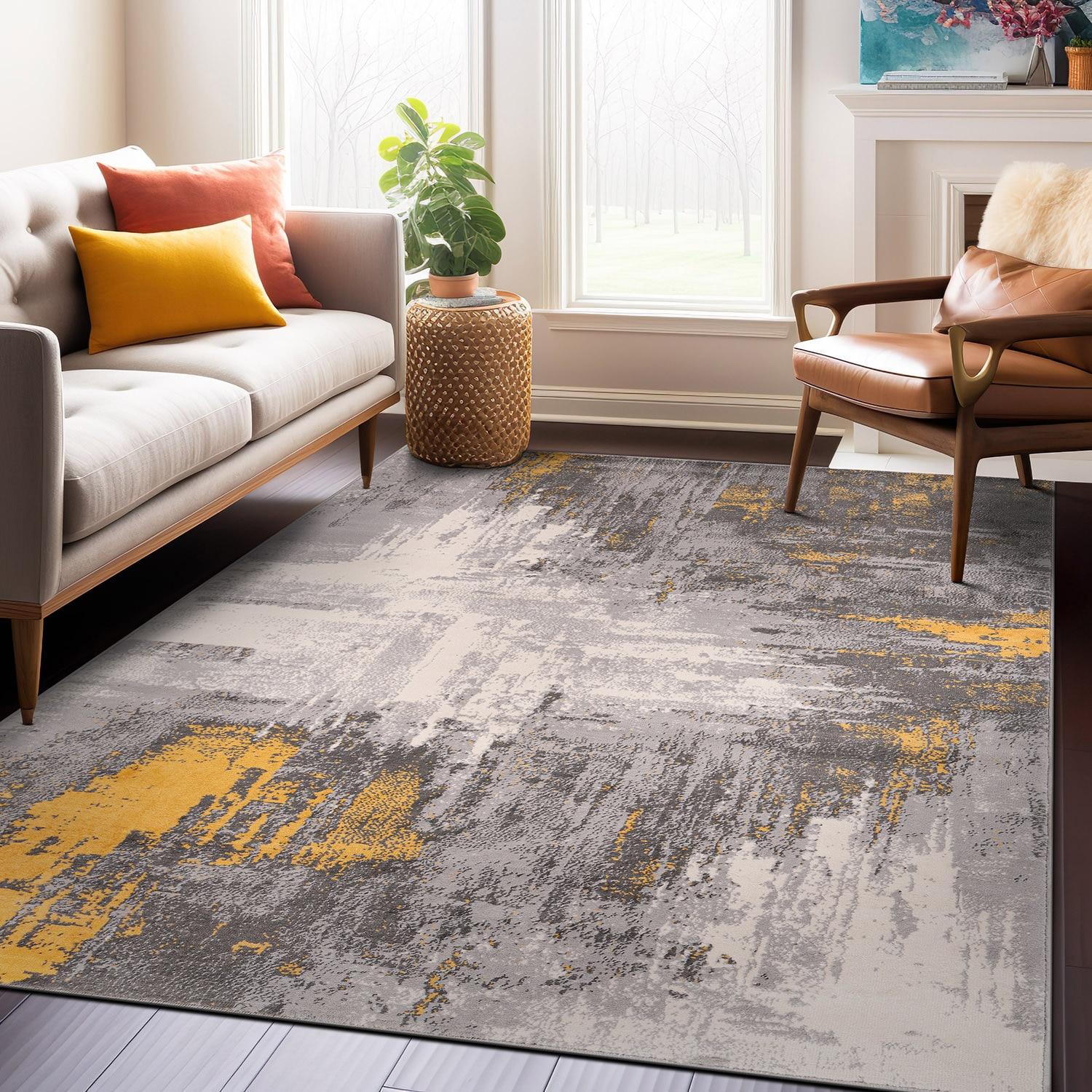 Yellow and Gray Abstract Stain-Resistant Synthetic Area Rug 5' x 7'