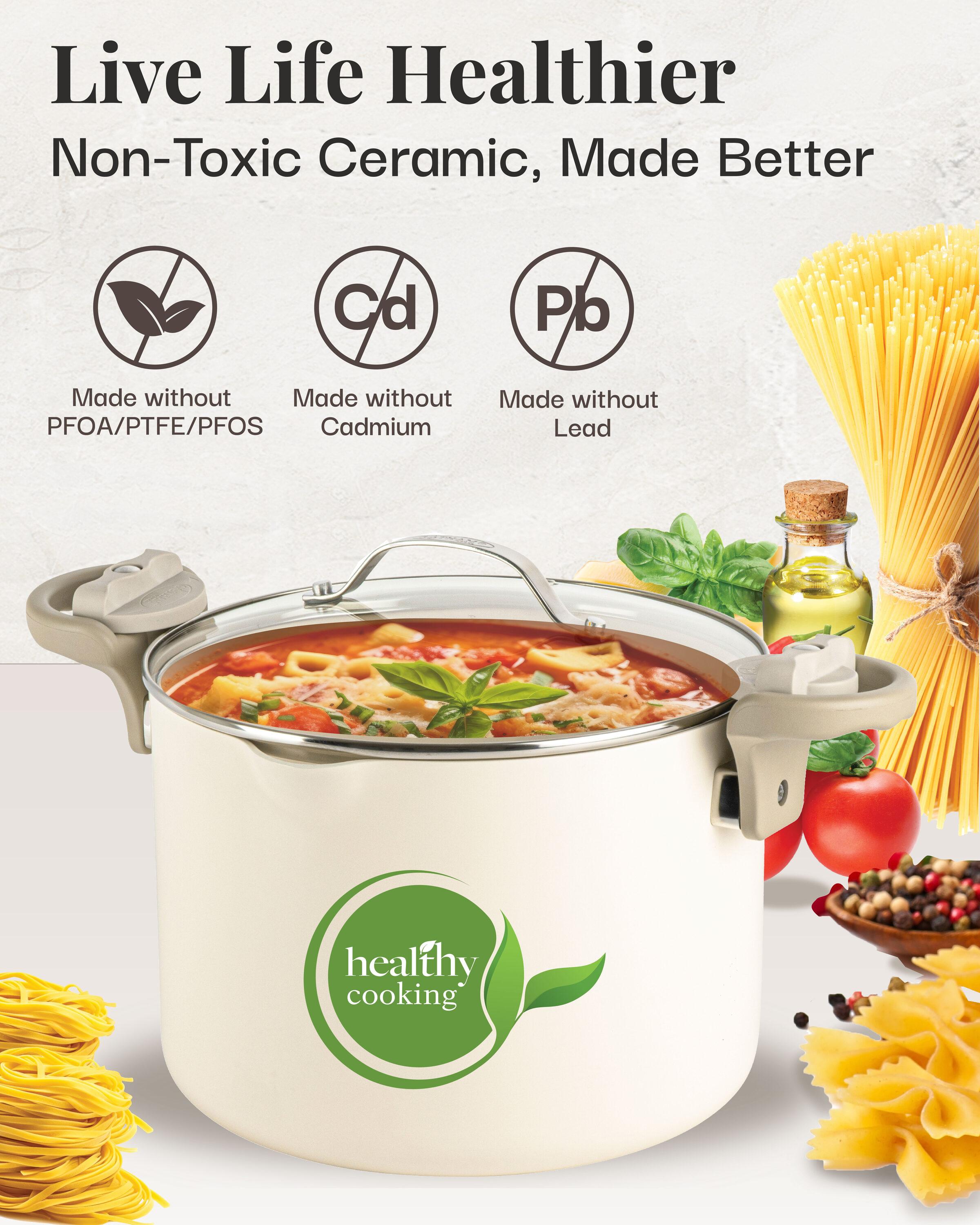 Gotham Steel Cream Ultra Nonstick Ceramic 8 Qt Pasta Pot with Strainer and Twist & Lock Handles