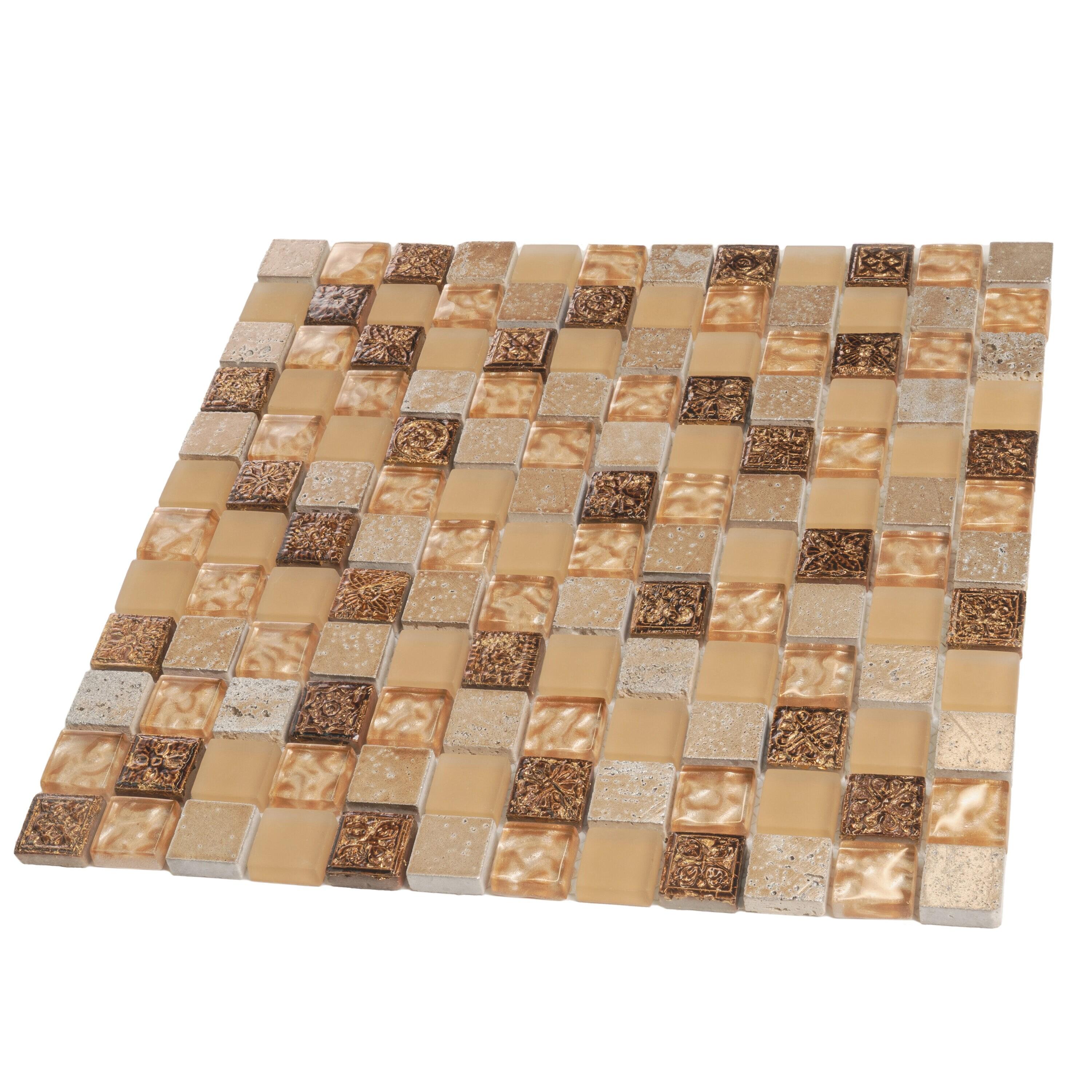 Beige and Brown Polished Glass and Stone Mosaic Tile