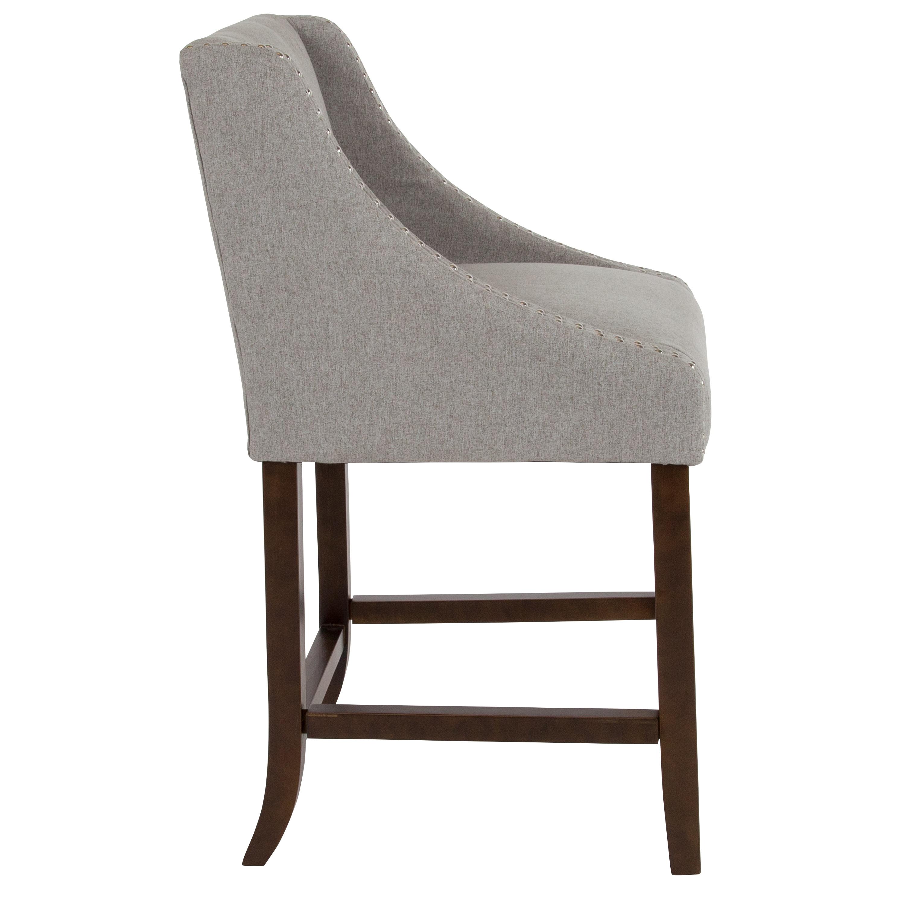 Flash Furniture Carmel Series 24" High Transitional Walnut Counter Height Stool with Accent Nail Trim in Light Gray Fabric