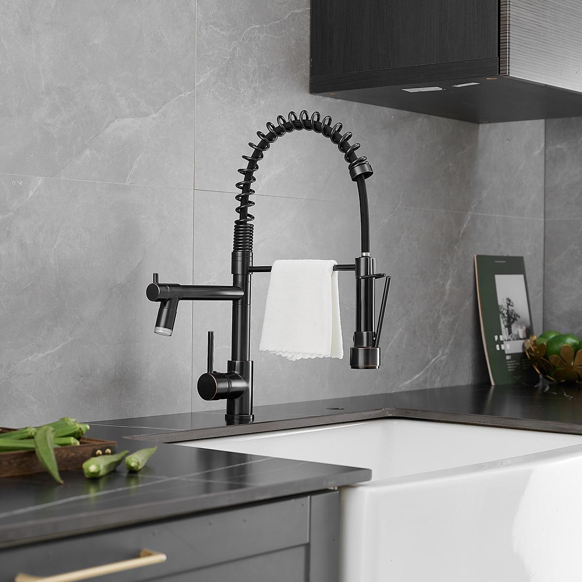 Fapully Commercial Single Handle Pull Down Sprayer Oil Rubbed Bronze Kitchen Faucet, Kitchen Sink Faucet with LED Light