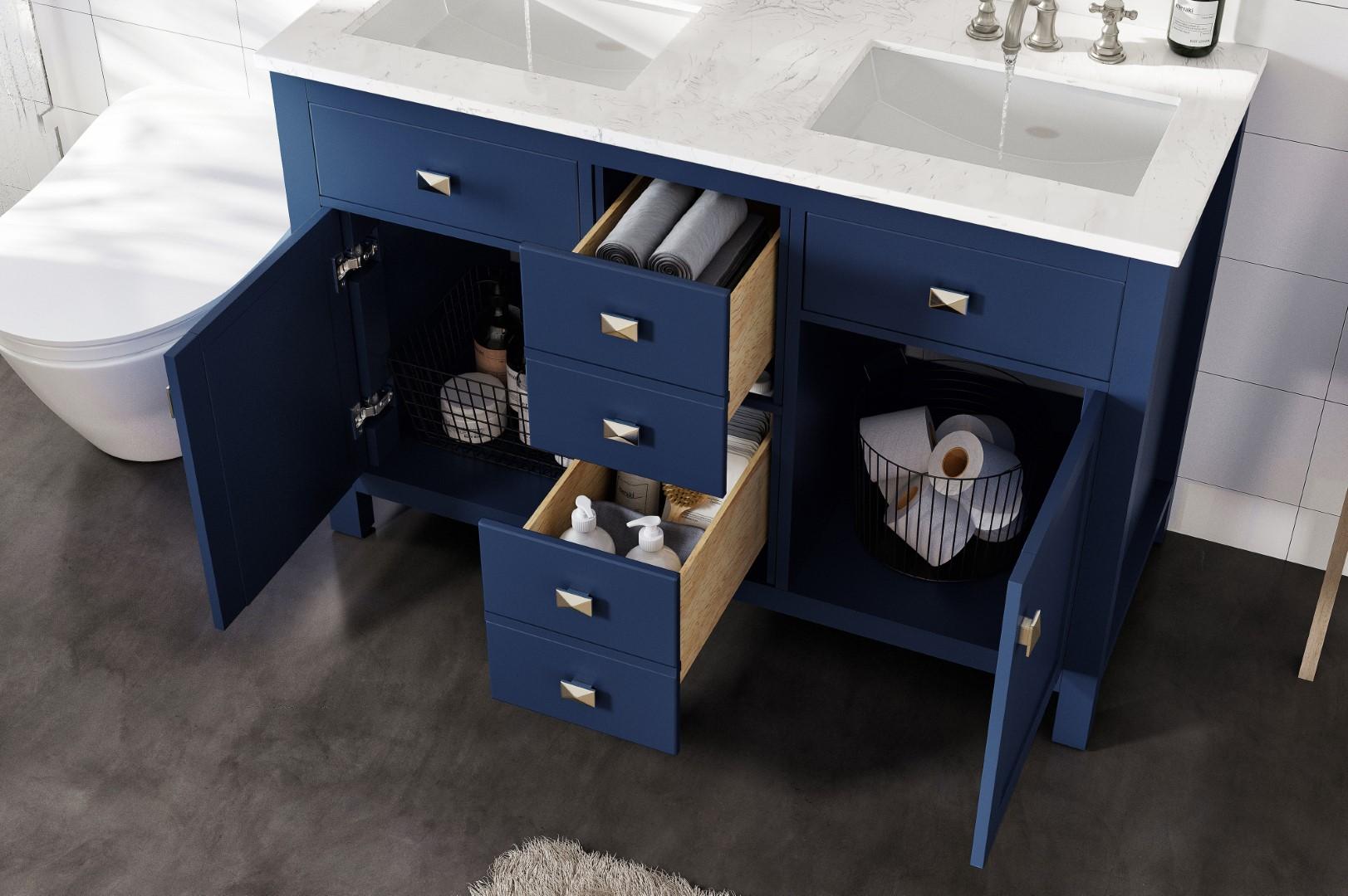 Totti Artemis 48" Blue Transitional Double Sink Bathroom Vanity w/ White Carrara Style Man-Made Stone Top