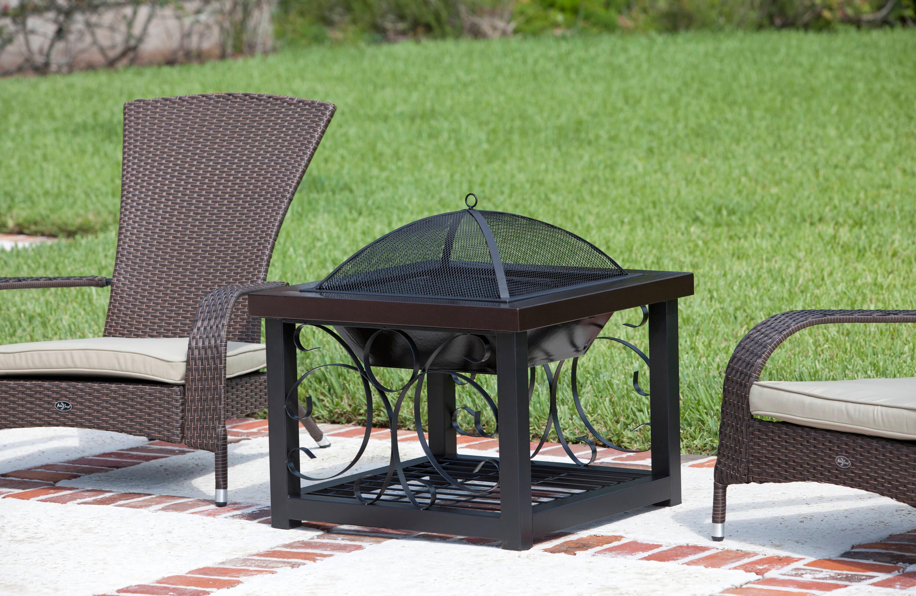 Fire Sense Fire Pit Cocktail Square Table Wood Burning Mesh Spark Screen Wood Grate with Storage Rack – Hammered Bronze Finish