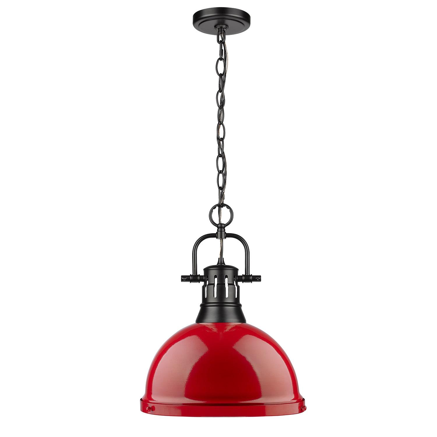 Golden Lighting Duncan 1-Light Large Pendant with Chain in Matte Black with Red