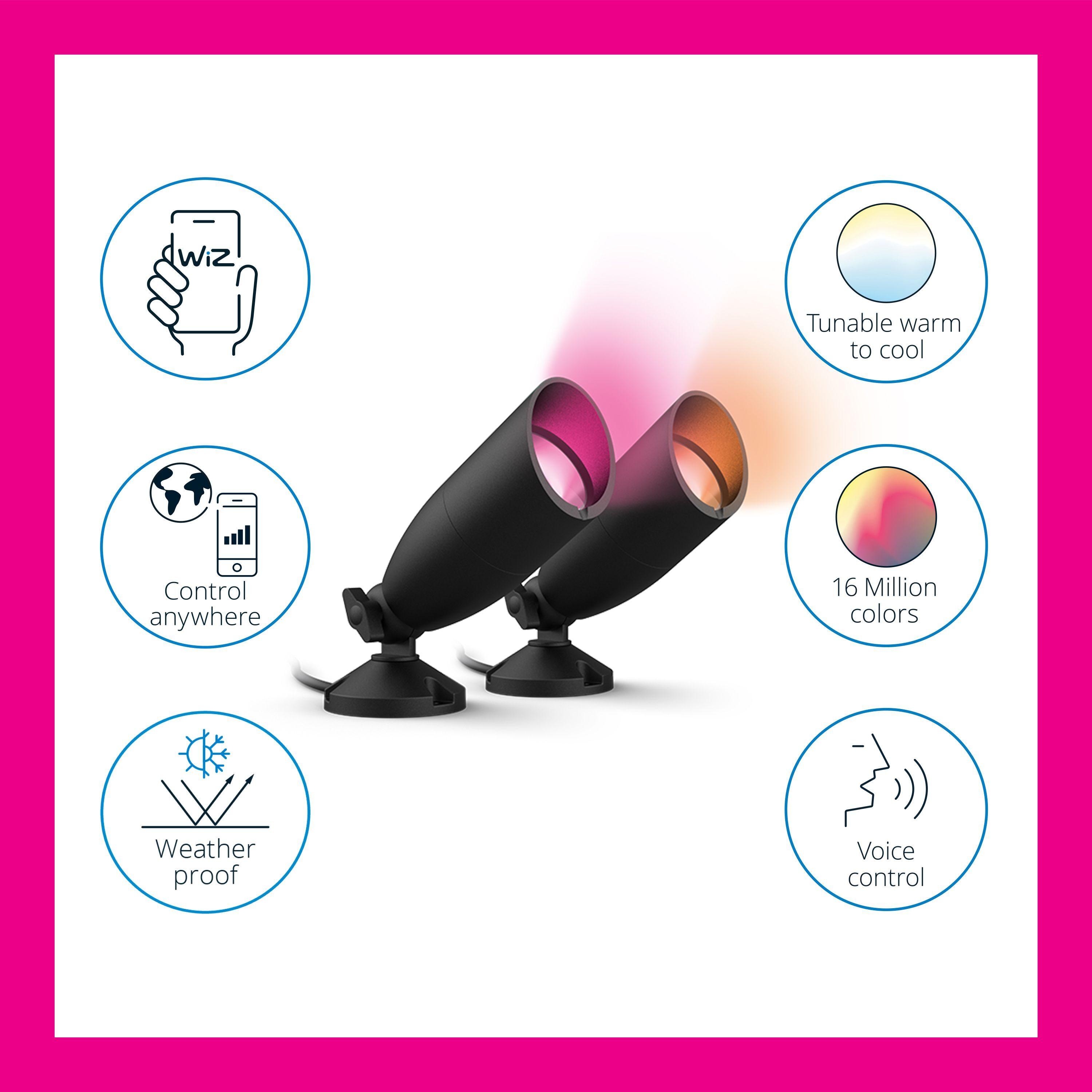 WiZ Connected LED Color Changing Outdoor Spotlight Extension - Starter Kit Required - Weatherproof - Control with WiZ App - Works with Google Home, Alexa, and Siri Shortcuts - 2 Pack