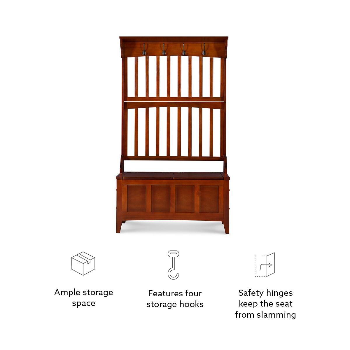 Misson Traditional 4 Double Hooks Storage Bench Top Shelf Hall Tree Walnut Finish - Linon: Entryway Organizer, Flip-up Seat