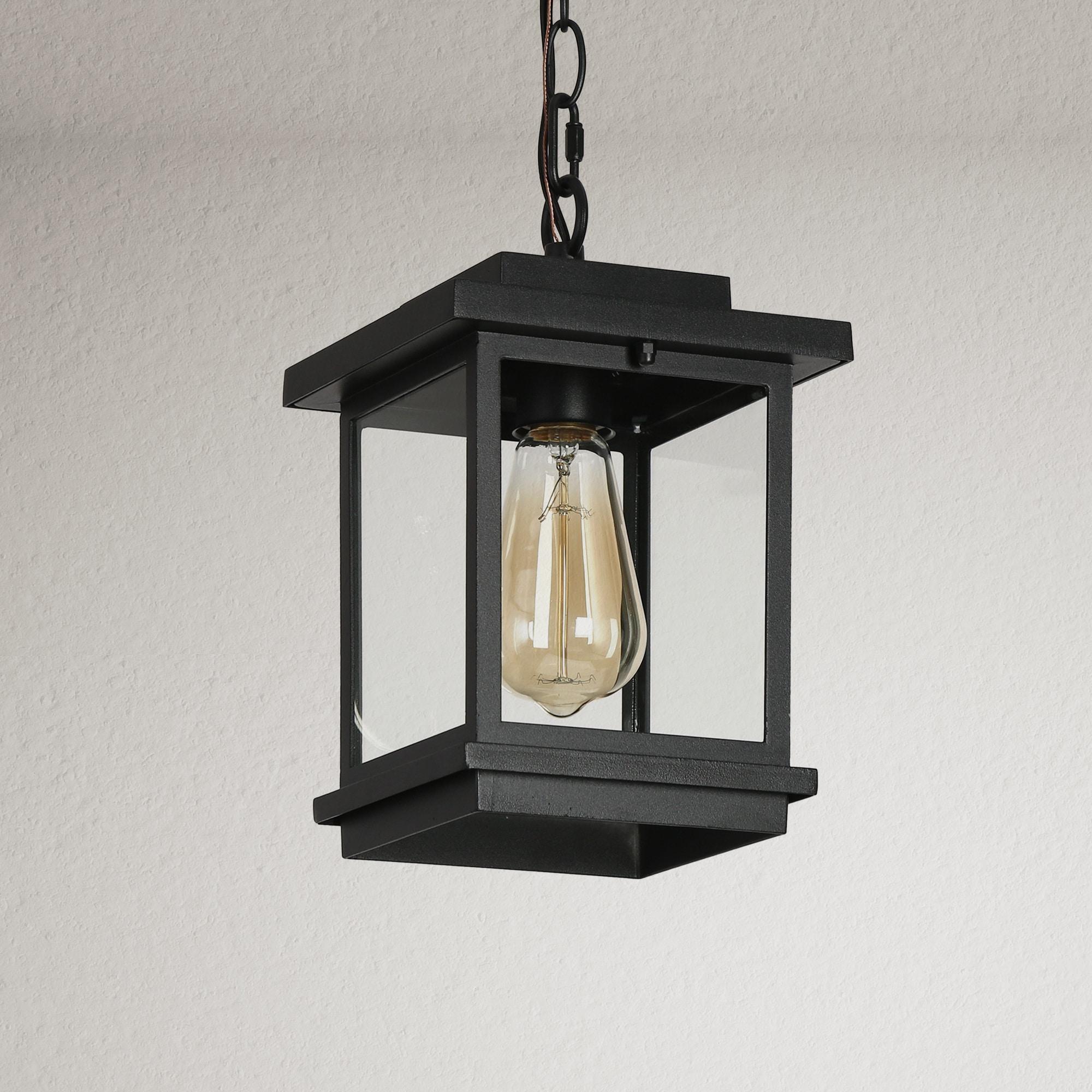 LNC 8" Square Cage Modern Outdoor Pendant Lamp Matte Black: Weather-Resistant, Glass Shade, E26