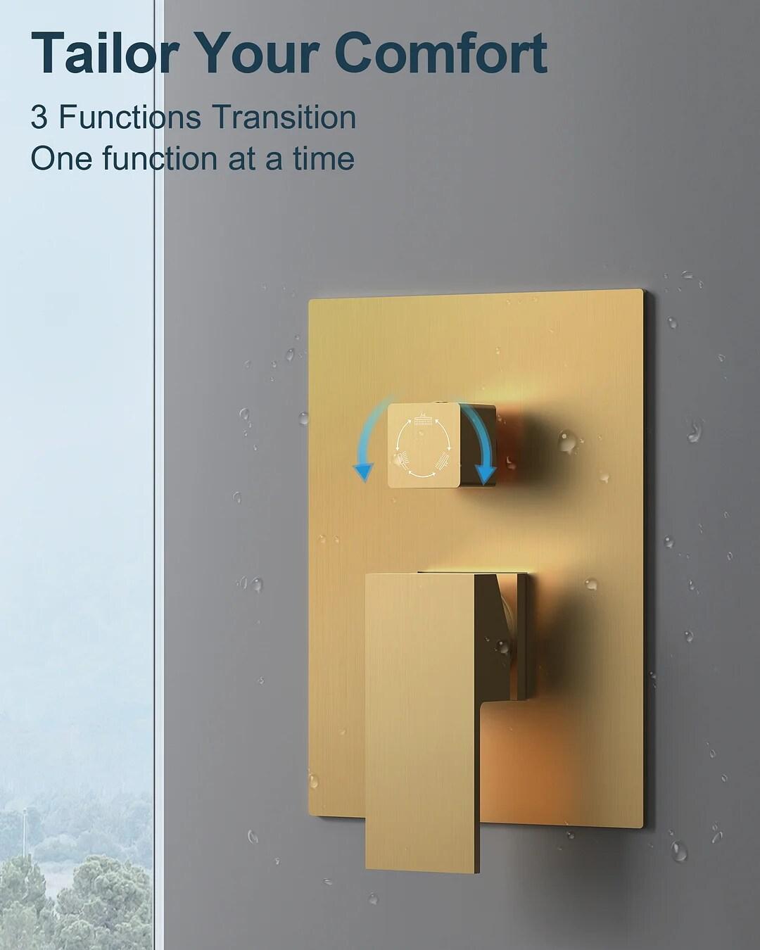 GRANDJOY Complete Shower System, 10" and 6" Dual Wall Mount Rain Shower Faucets with Handheld Shower Spray, High Pressure in Brushed Gold