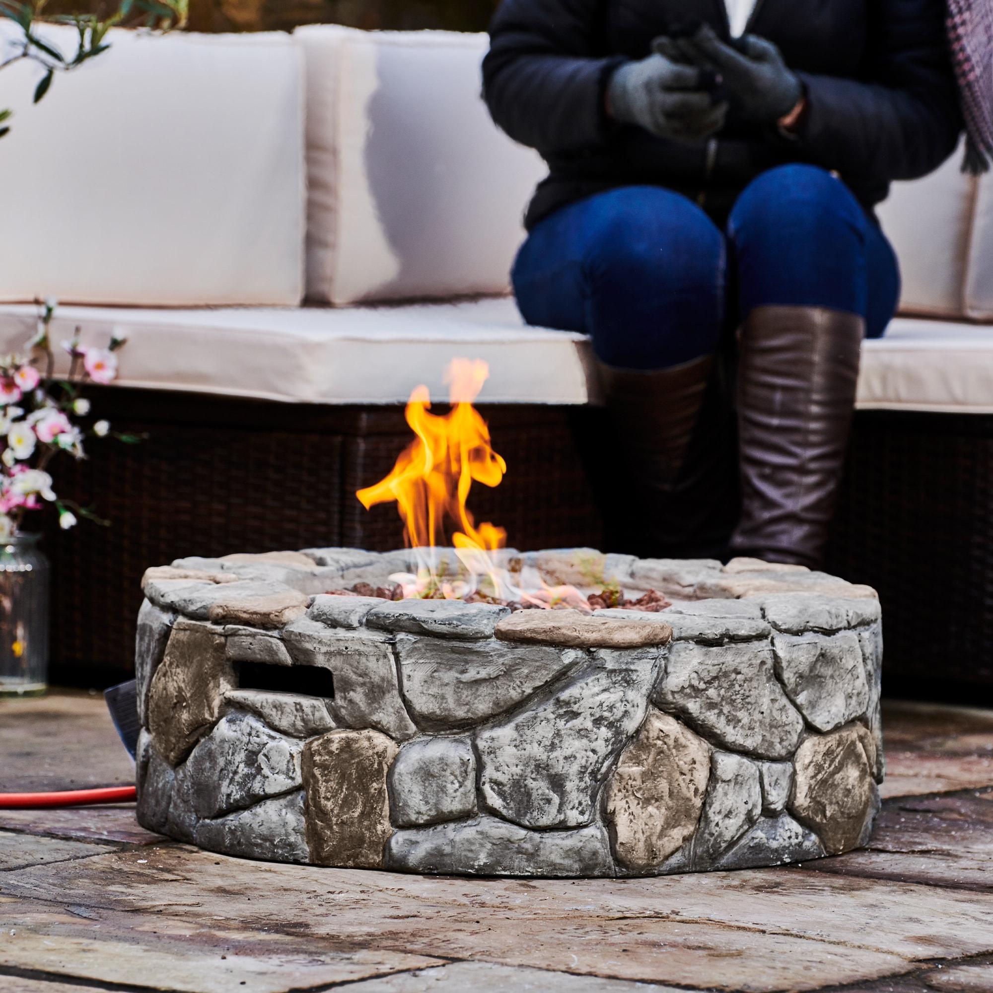 Grayson 28" Outdoor Round Stone Propane Gas Fire Pit - Teamson Home