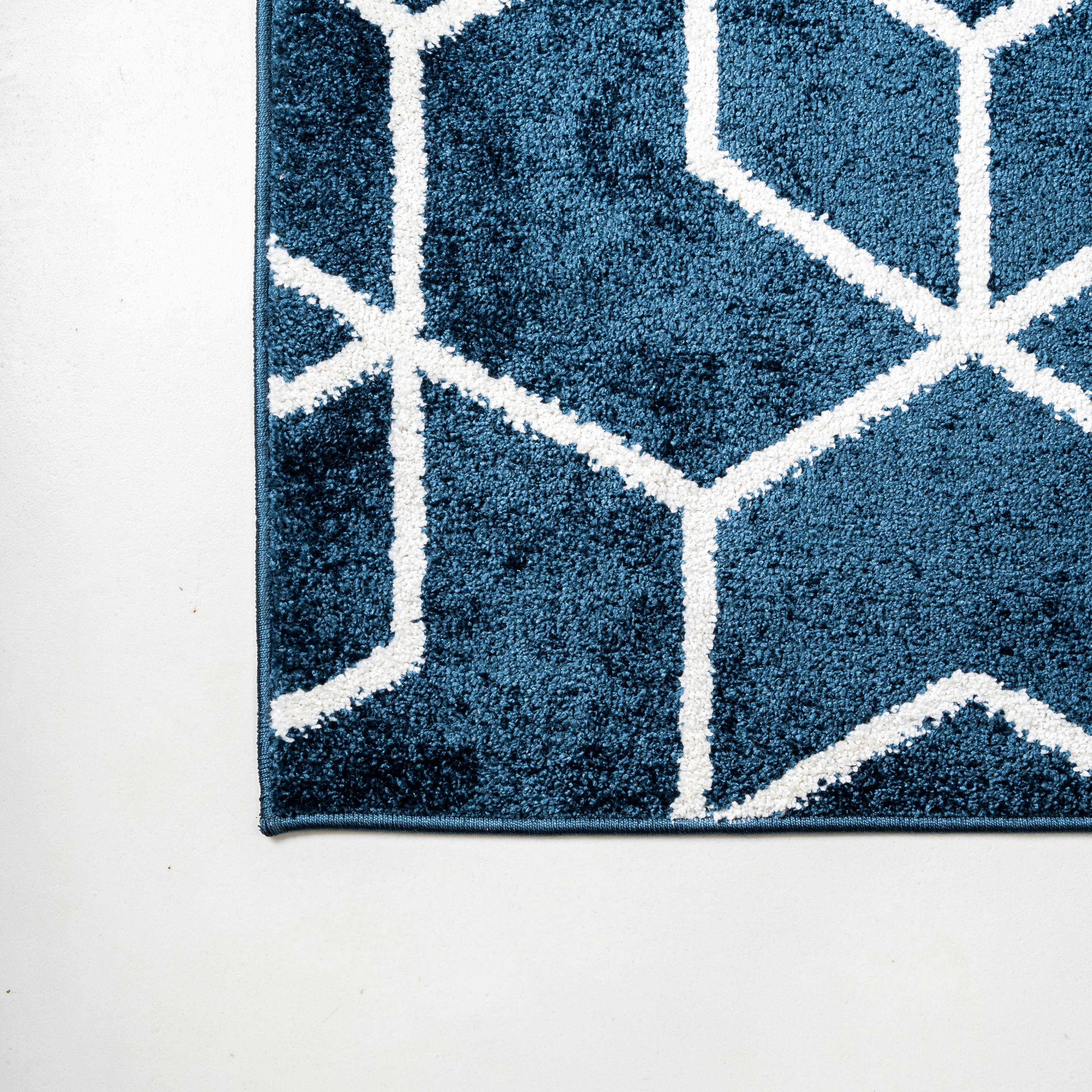 8'x10' Tumbling Blocks Modern Geometric Area Rug, Navy/White - JONATHAN Y