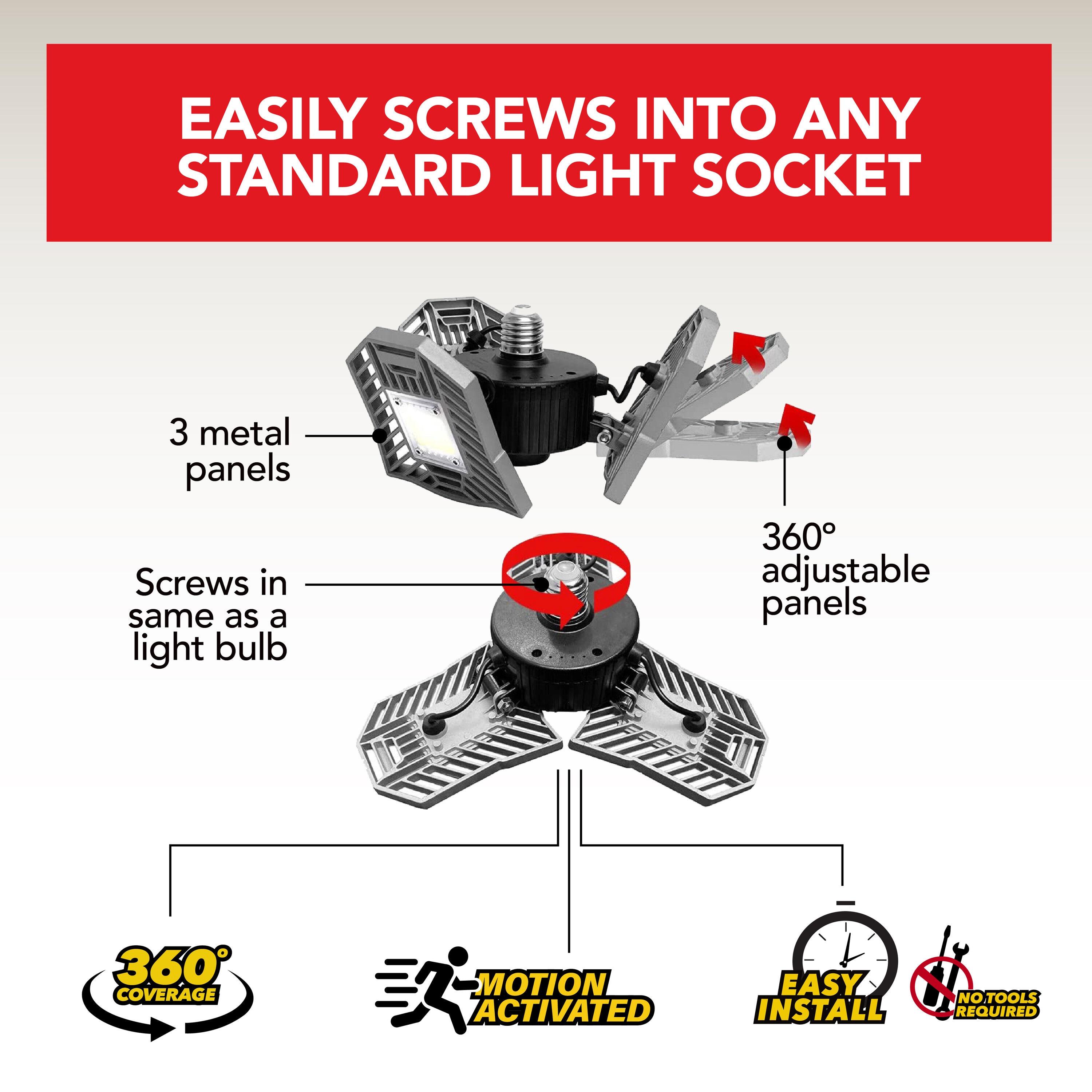 Bell + Howell TriBurst Garage Light 144 LED Bulb 5500 Lumens Ceiling Socket Motion Sensor 4000K 60W