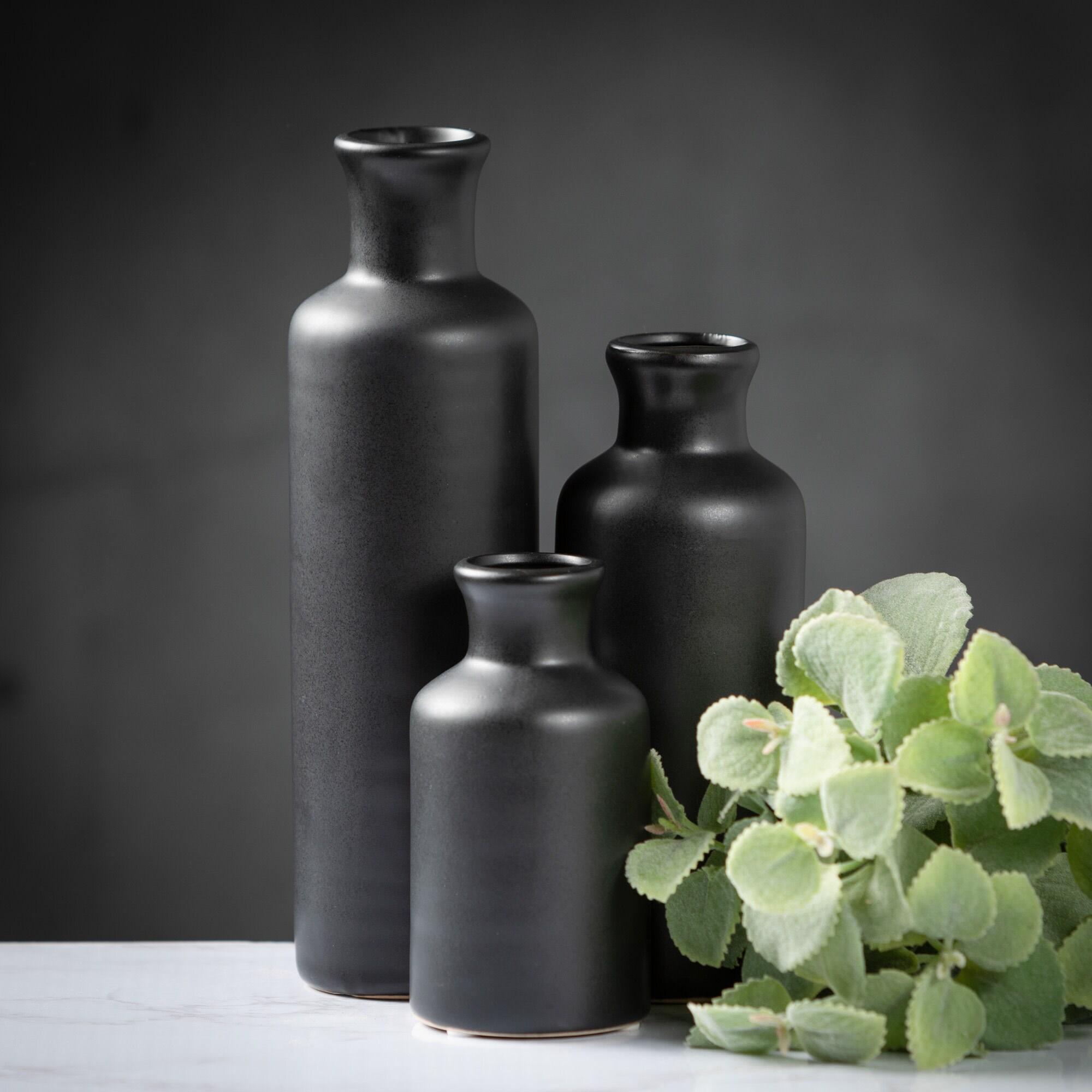 Sullivans Matte Black Set of 3 Small Ceramic Bottle Vases 5"H, 7.5"H & 10"H Black