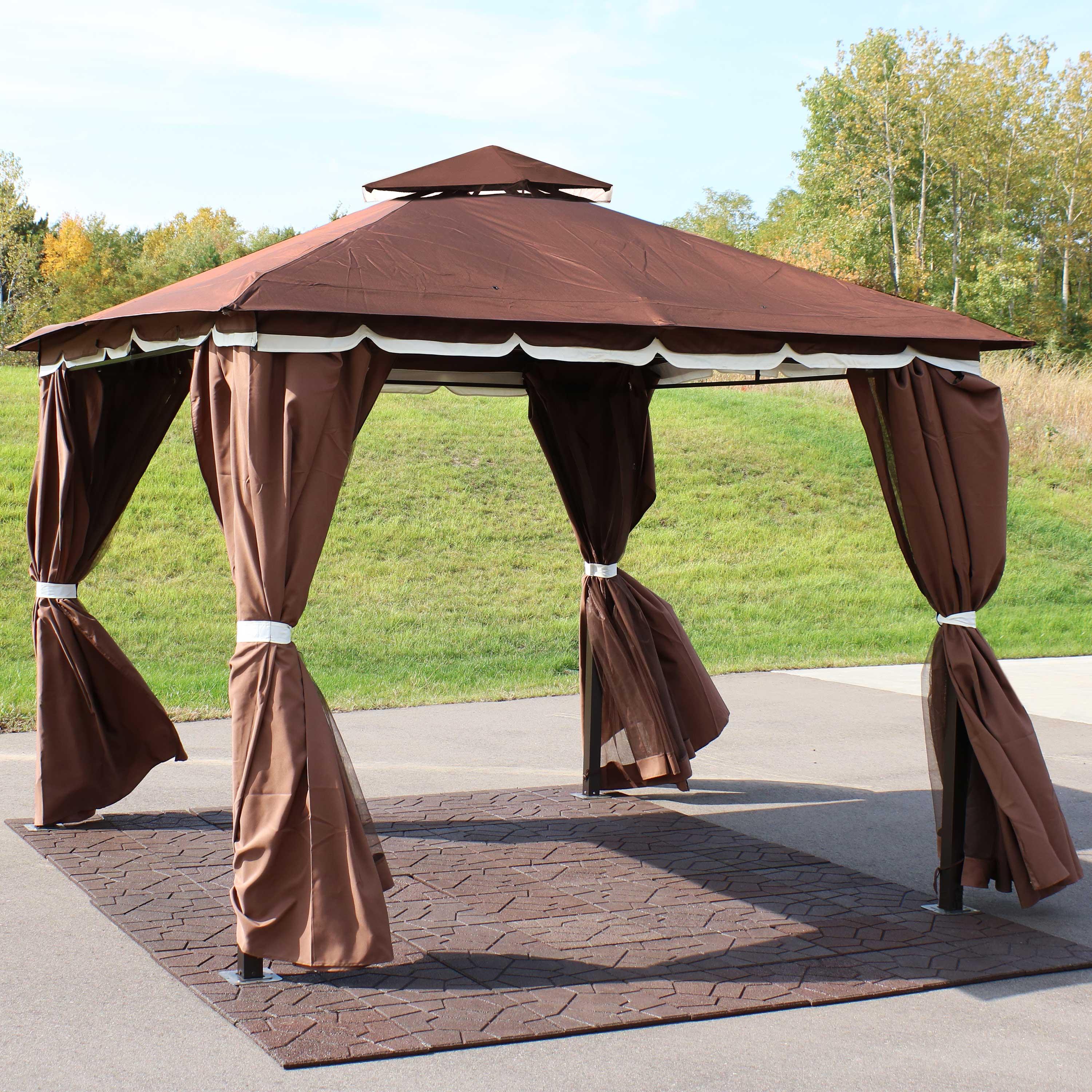 Sunnydaze Outdoor Rectangle Soft Top Patio Gazebo with Screens and Privacy Walls - 10' x 10' - Brown