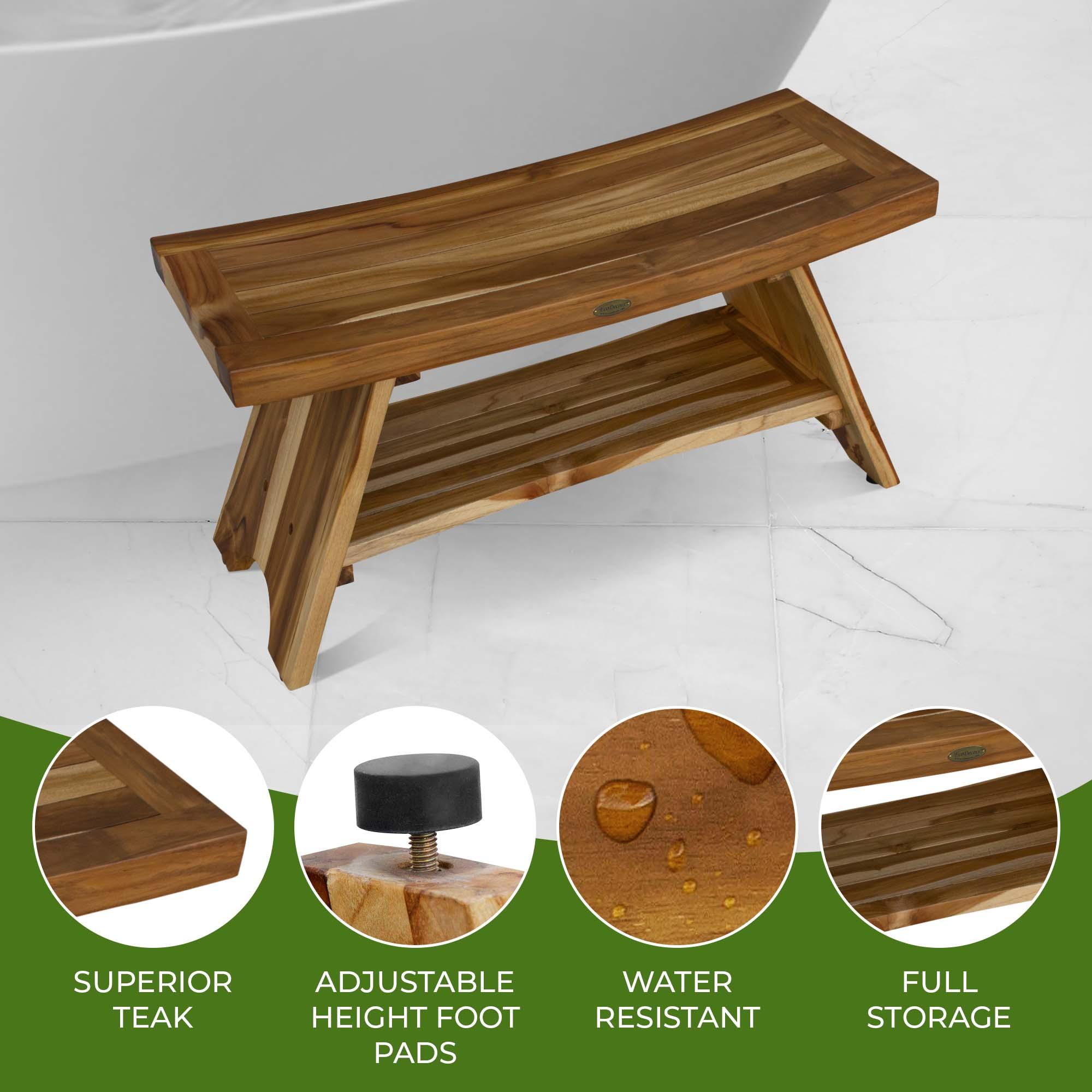 35" Serenity ED968 Wide Teak Shower Bench with Shelf - EcoDecors