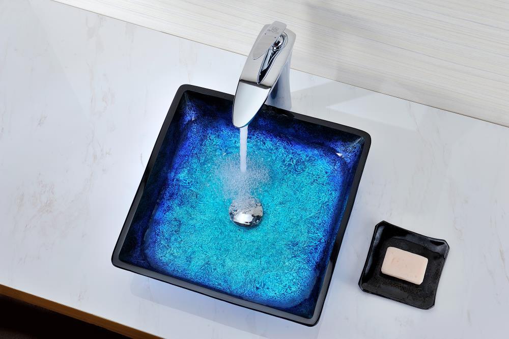 ANZZI Viace 15.13'' Blazing Blue Tempered Glass Square Bathroom Sink