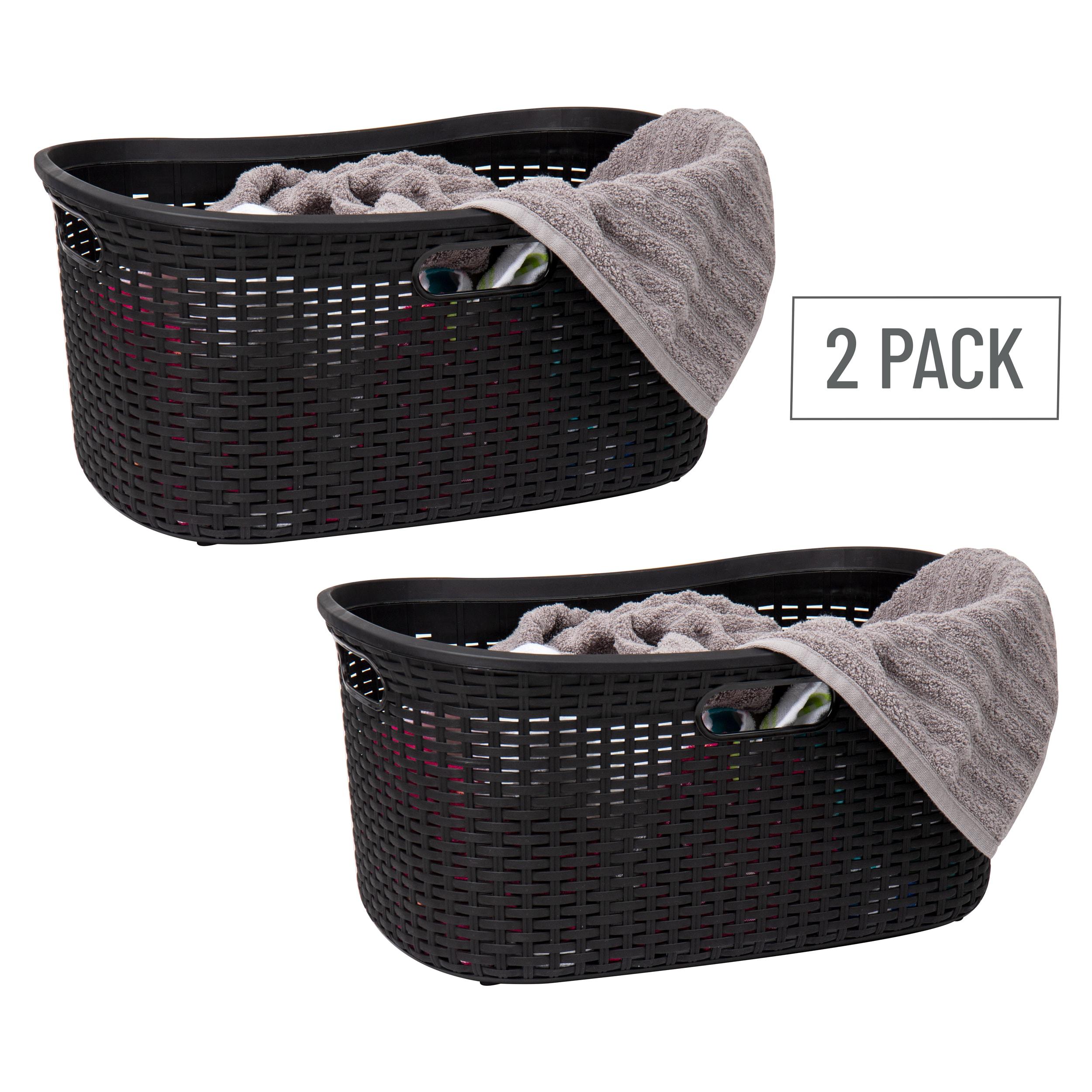 Mind Reader 40L Laundry Basket, Clothes Hamper, Lid, Wicker Design, Plastic, Set of 2, Black