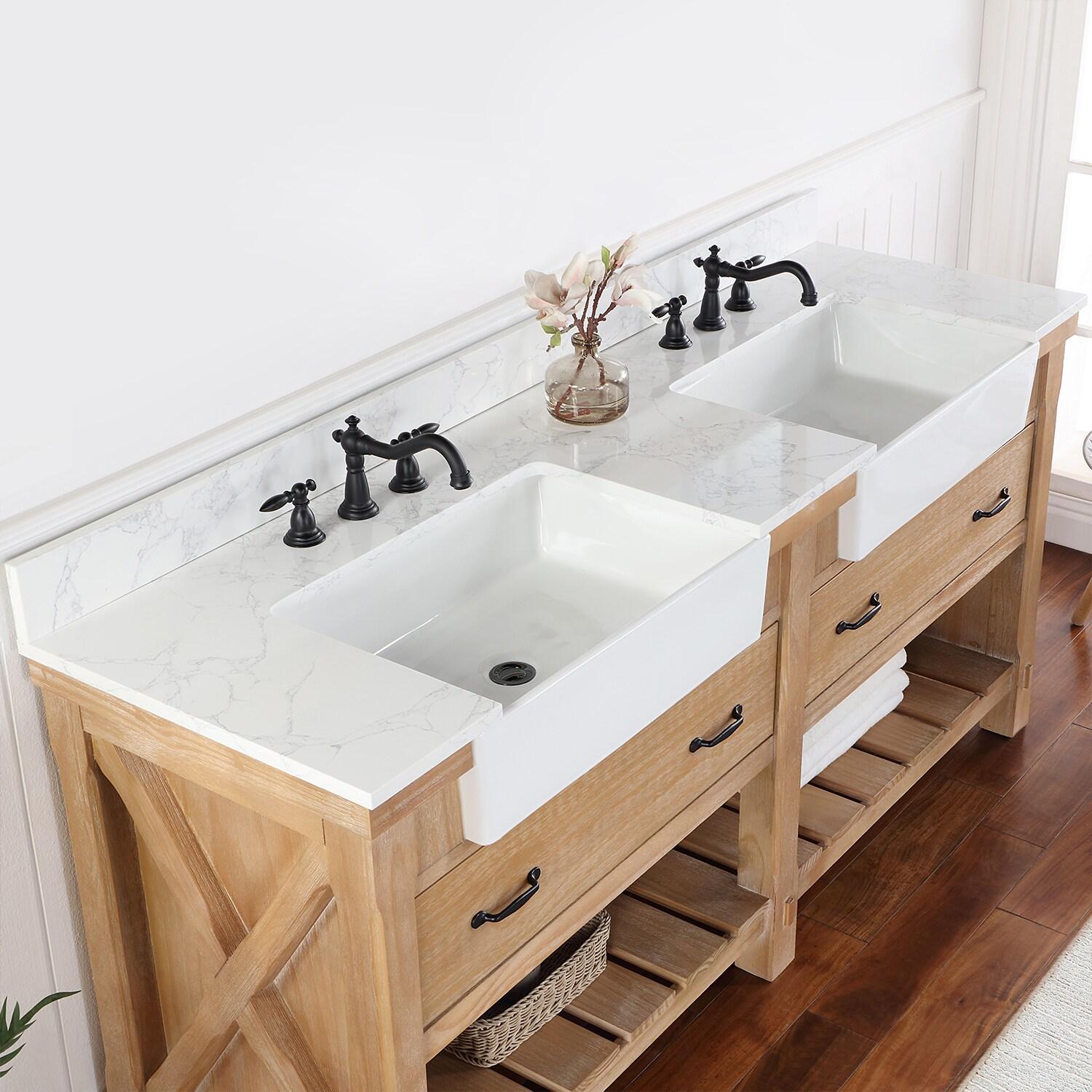 Villareal 72" Double White Farmhouse Basin Bath Vanity in Weathered Pine Wood