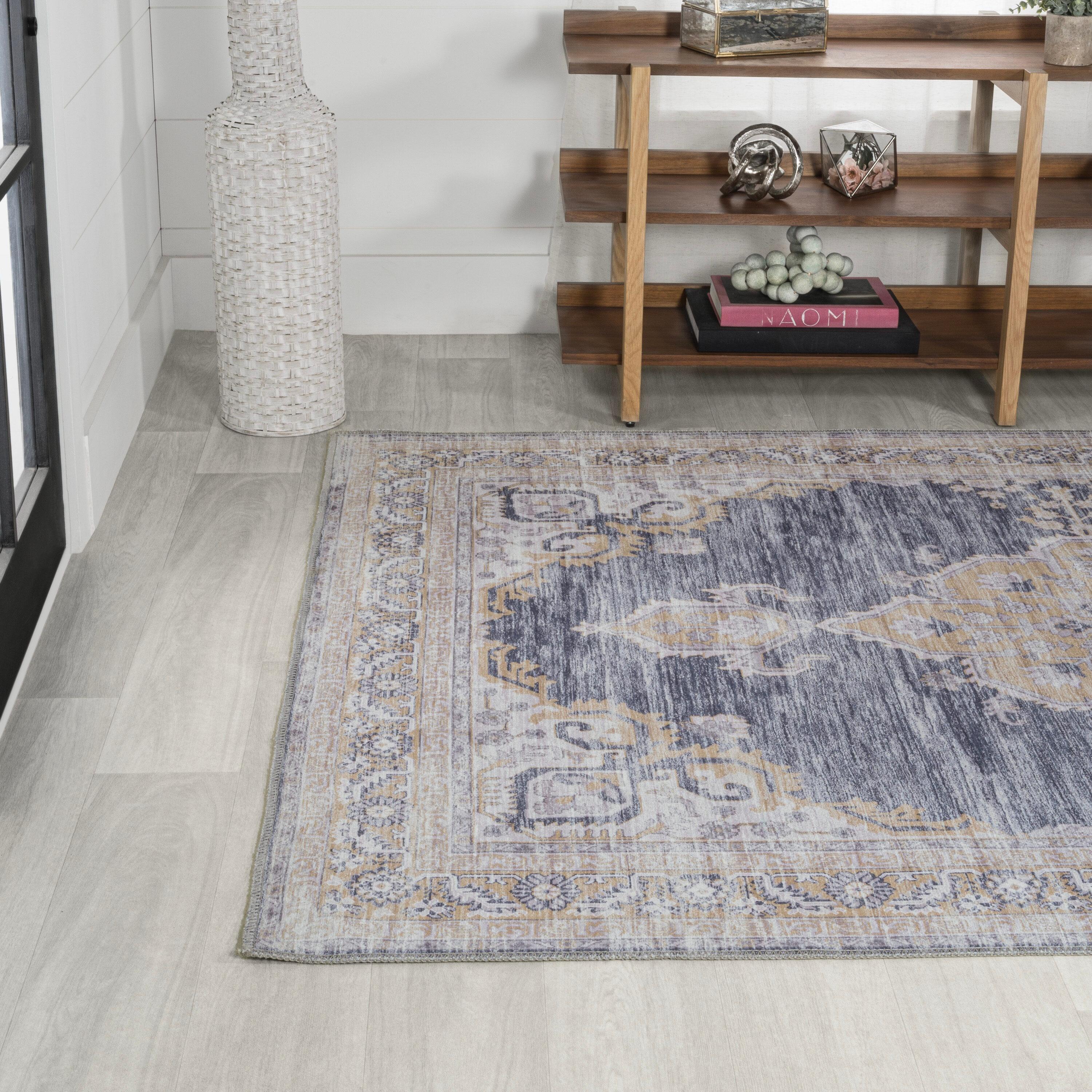 Wincer Chenille Cottage Medallion Machine-Washable Dark Gray/Yellow 3 ft. x 5 ft. Area Rug - JONATHAN Y