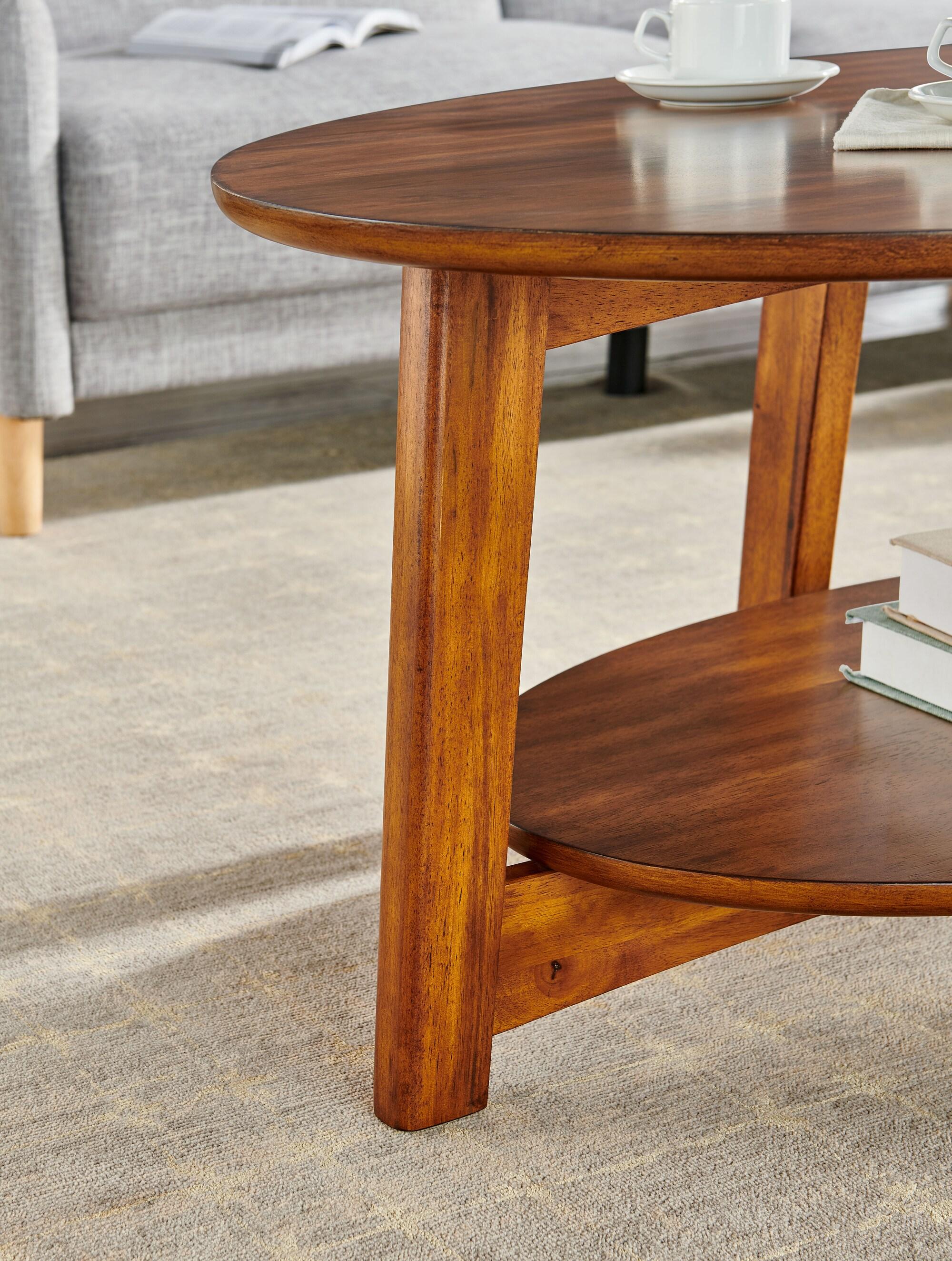 Monterey Oval Mid Century Modern Wood Coffee Table Chestnut: Tapered Legs, Floating Shelf - Alaterre Furniture