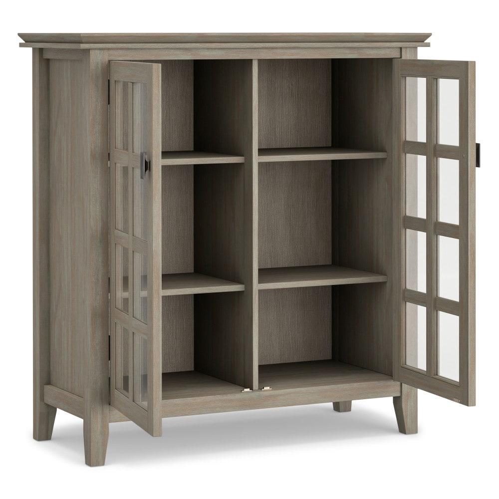 Simpli Home Artisan 38"W Solid Wood 4-Shelf Medium Storage Cabinet with Glass Doors and Adjustable Shelves