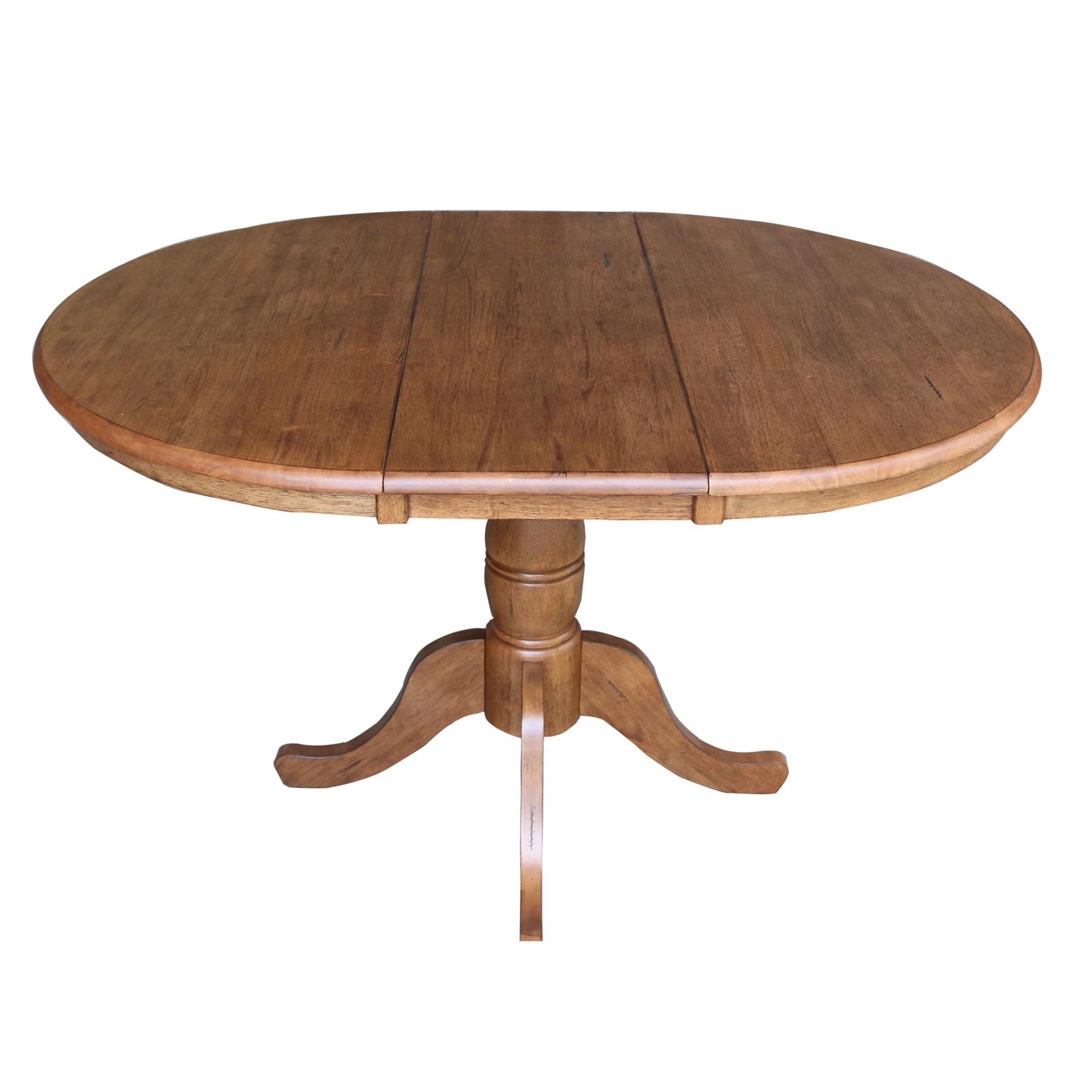 International Concepts 29.3" Keanan Round Top Pedestal Extendable Dining Table with 12" Drop Leaf Distressed Oak: Mid-Century Style, Seats 4