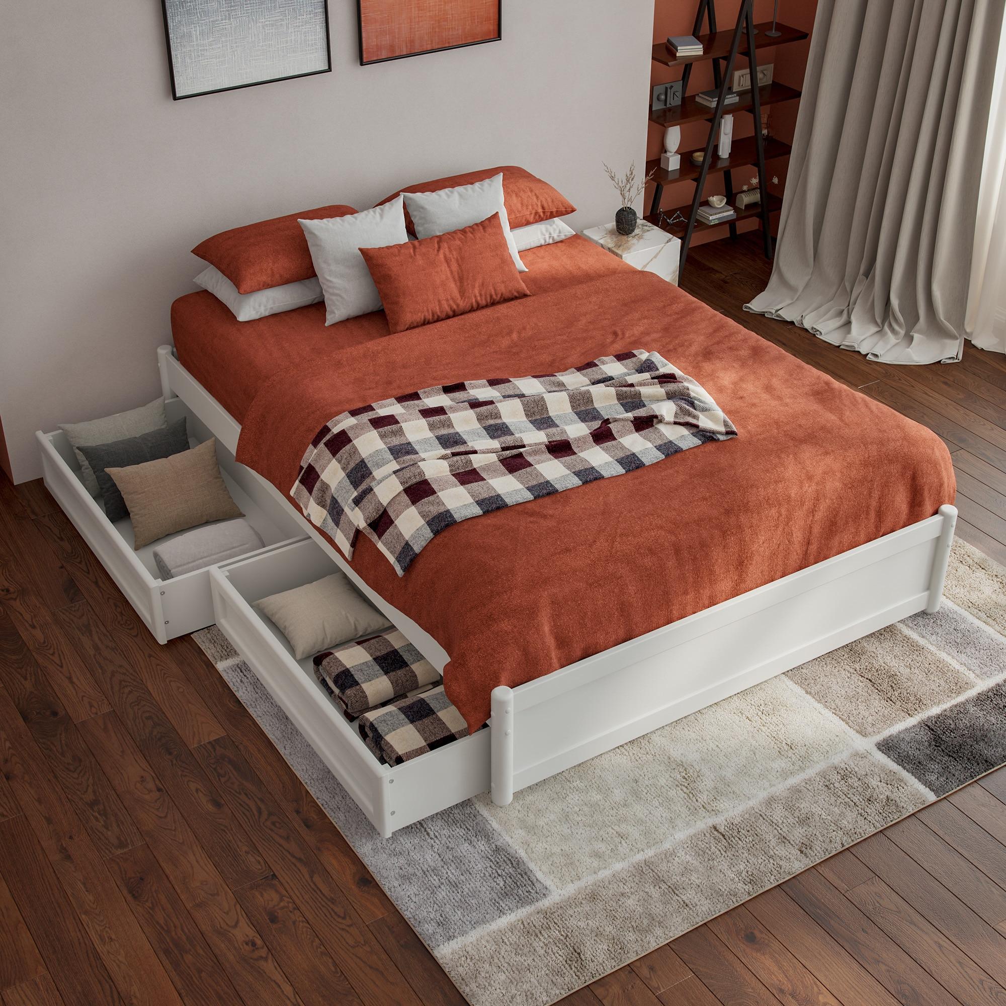 Barcelona Full Solid Wood Panel Platform Bed with Storage Drawers in White