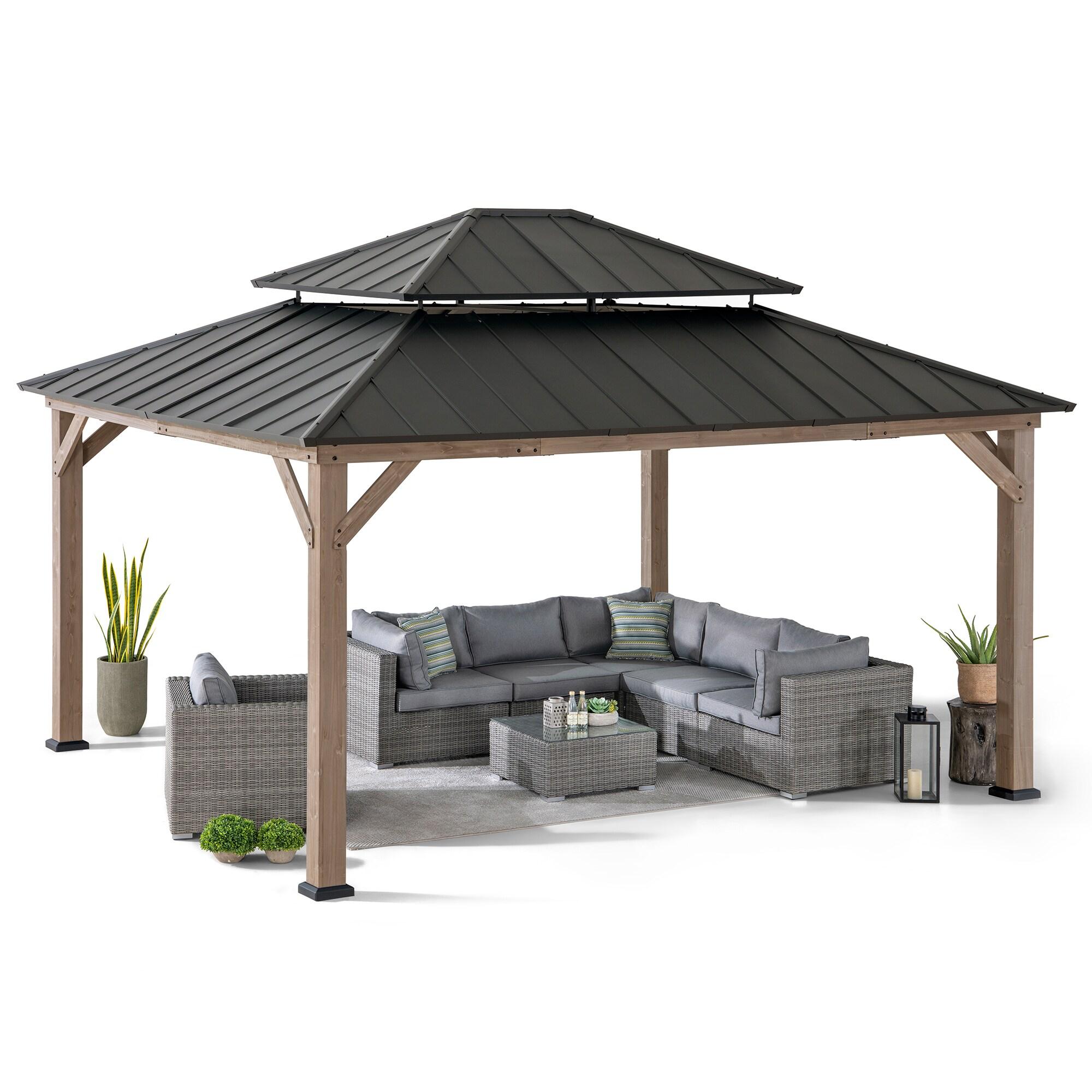 Sunjoy Sunjoy 13 x 15 ft. Wood Gazebo, Outdoor Patio Steel Hardtop Gazebo, Cedar Framed Wooden Gazebo with 2-Tier Metal Roof, Suitable for Patios, Lawn and Backyard