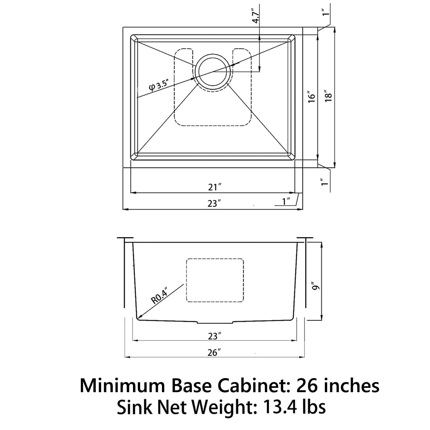 Sinber 23" x 18" Undermount Single Bowl Kitchen Sink with 18 Gauge 304 Stainless Steel Satin Finish