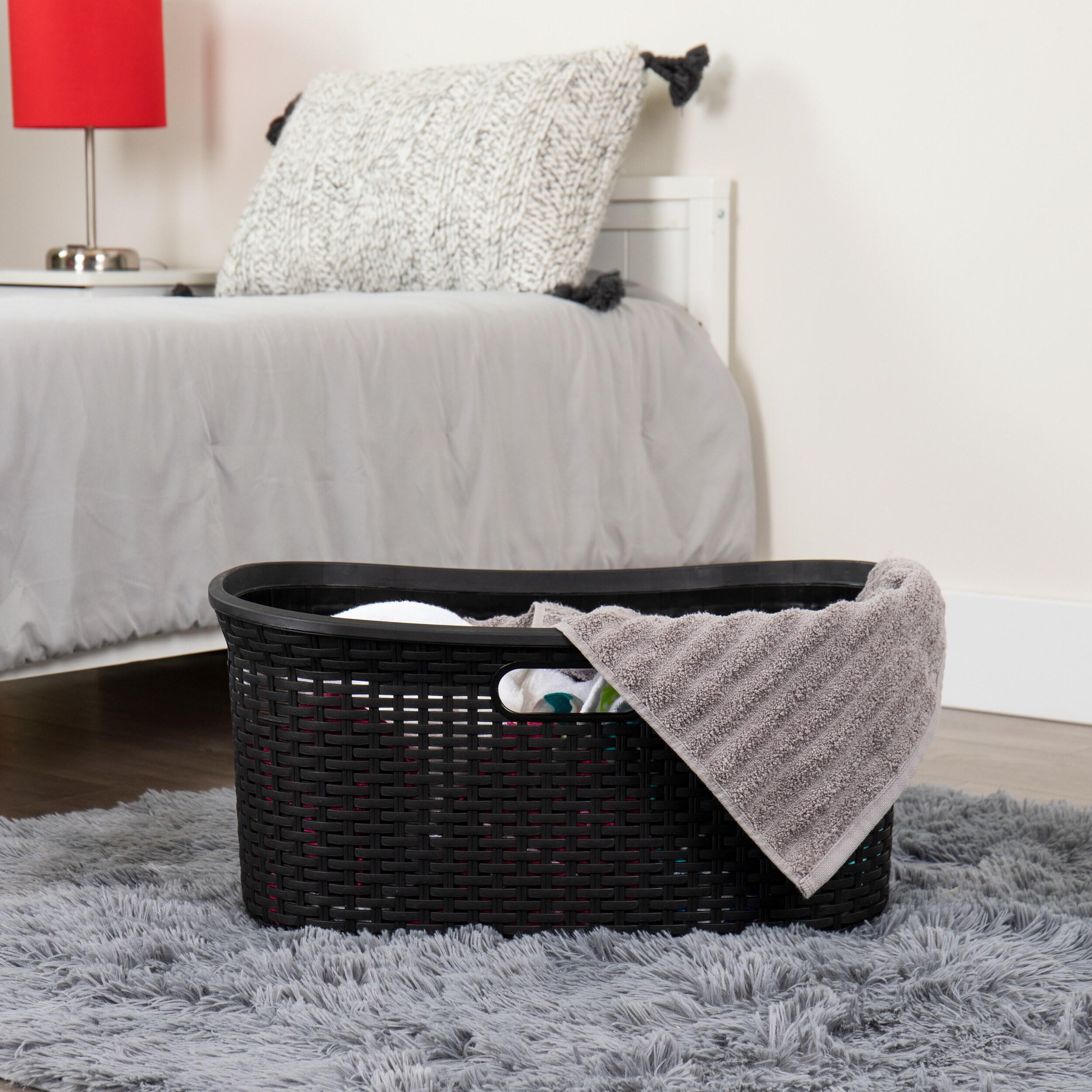Mind Reader 40L Laundry Basket, Clothes Hamper, Lid, Wicker Design, Plastic, Set of 2, Black