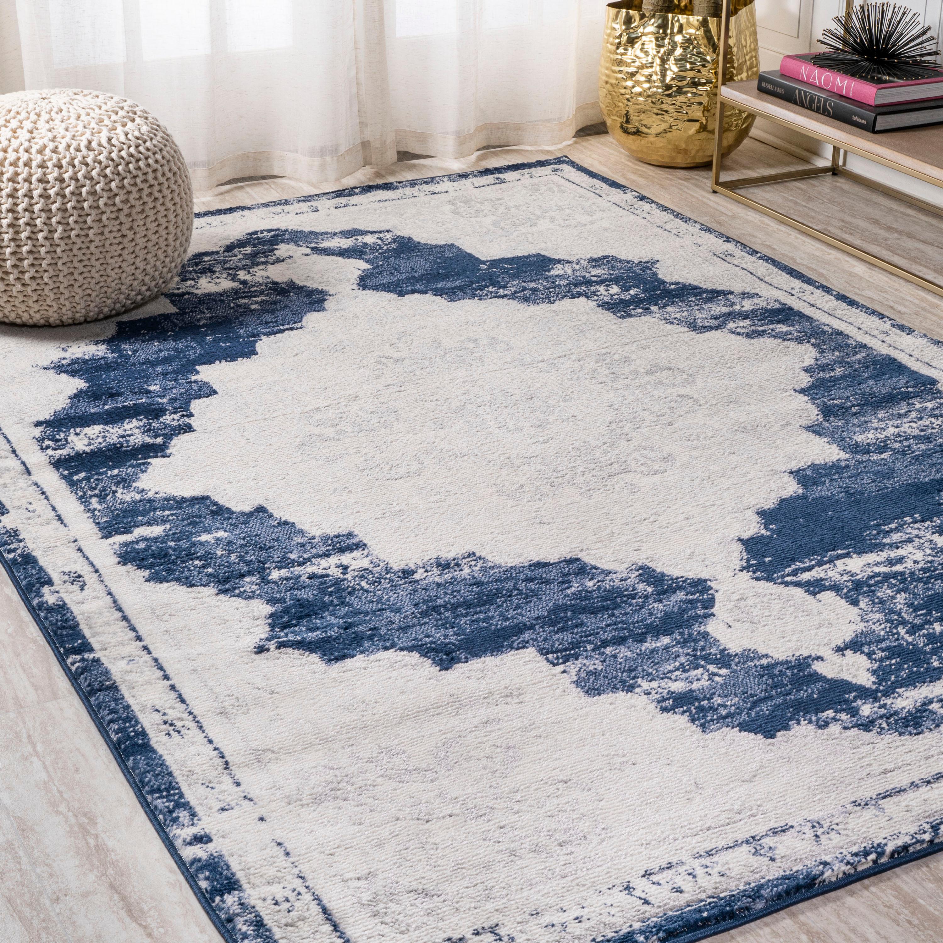 8'x10' Alhambra Ornate Medallion Modern Area Rug, Ivory/Navy - JONATHAN Y
