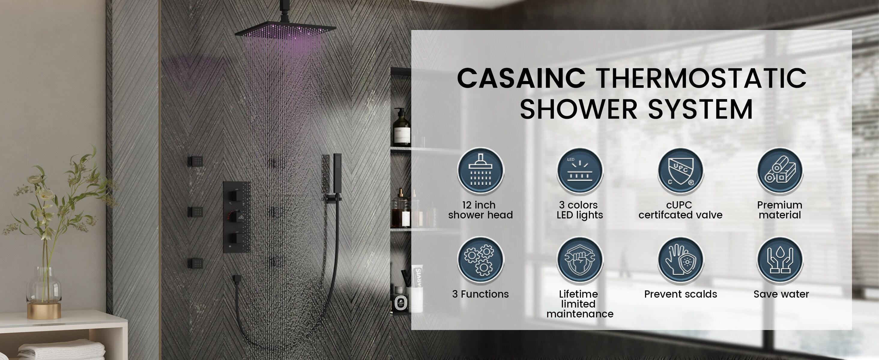 Rainfall Symphony 12inch 3-Function Dual Shower Head Thermostatic Shower System with 3 Sprays Handheld